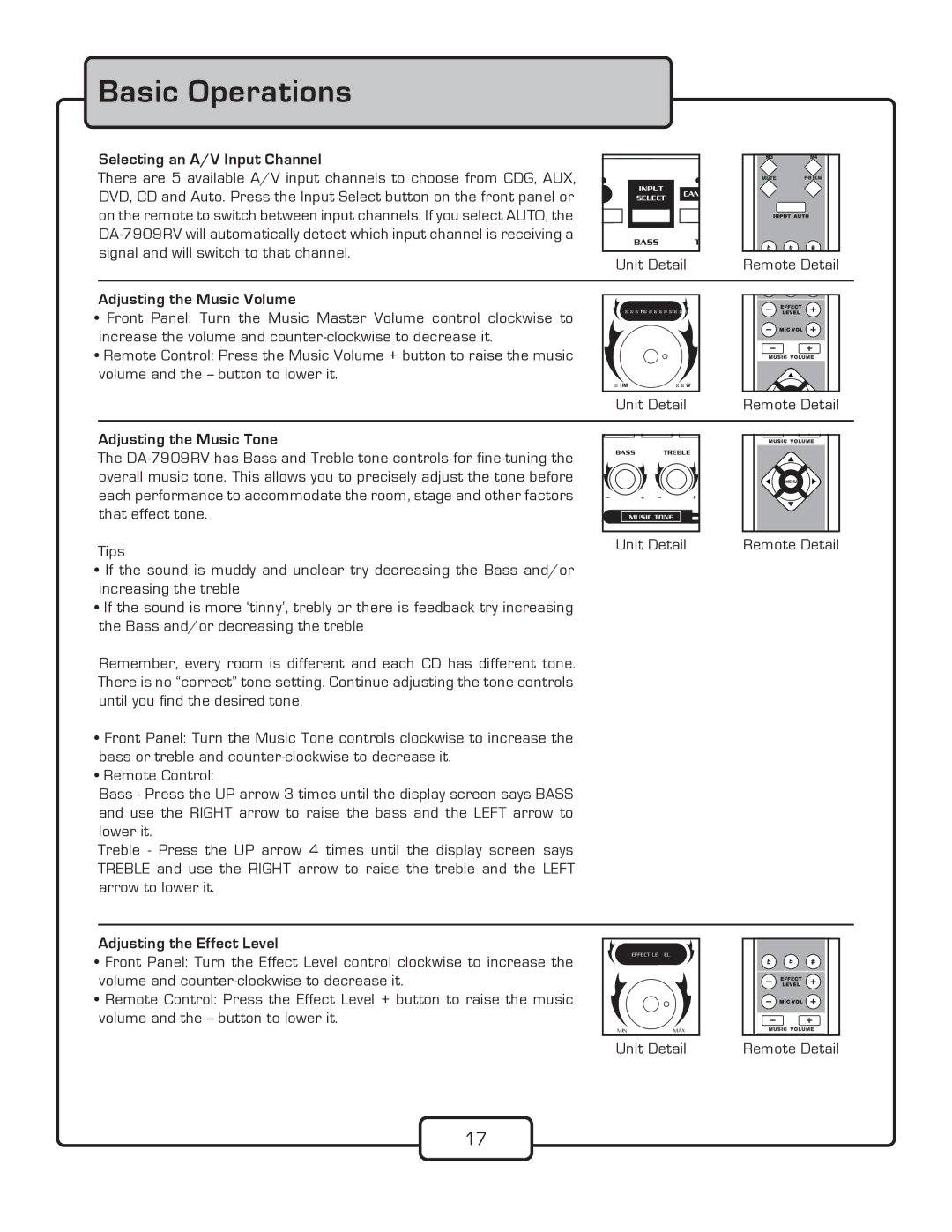 VocoPro DA-7909RV Basic Operations, Selecting an A/V Input Channel, Adjusting the Music Volume, Adjusting the Music Tone 