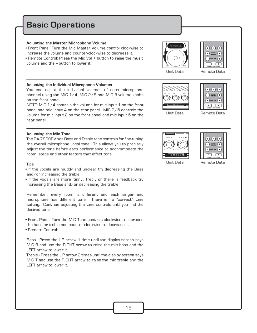 VocoPro DA-7909RV owner manual Adjusting the Master Microphone Volume, Adjusting the Individual Microphone Volumes 