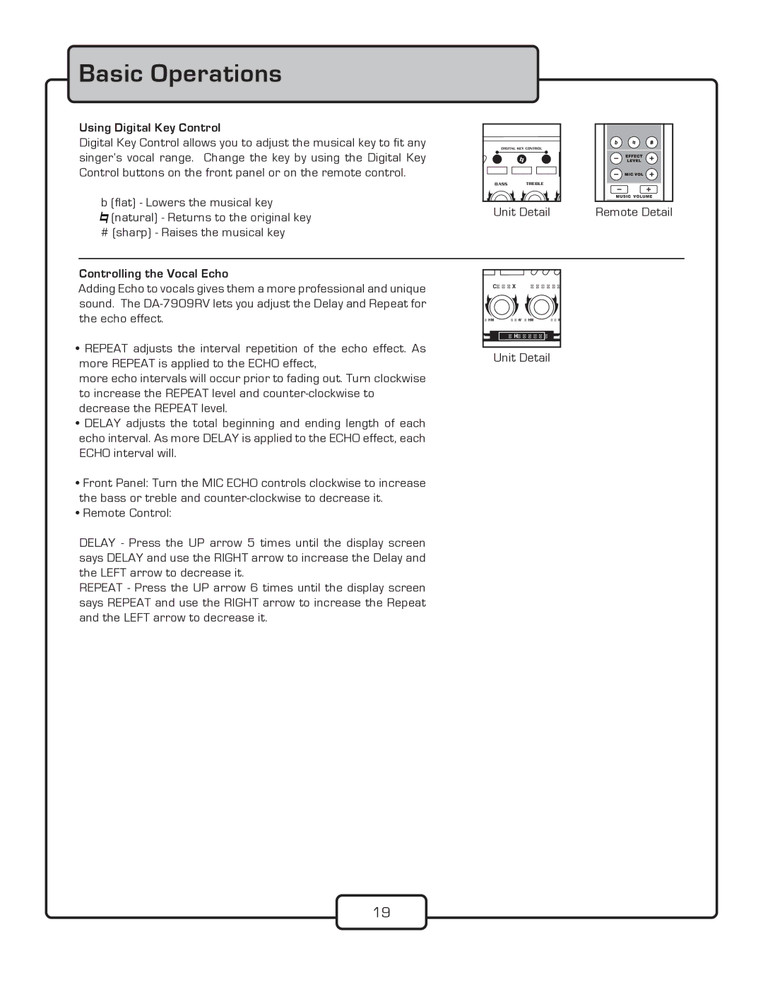 VocoPro DA-7909RV owner manual Using Digital Key Control, Controlling the Vocal Echo 