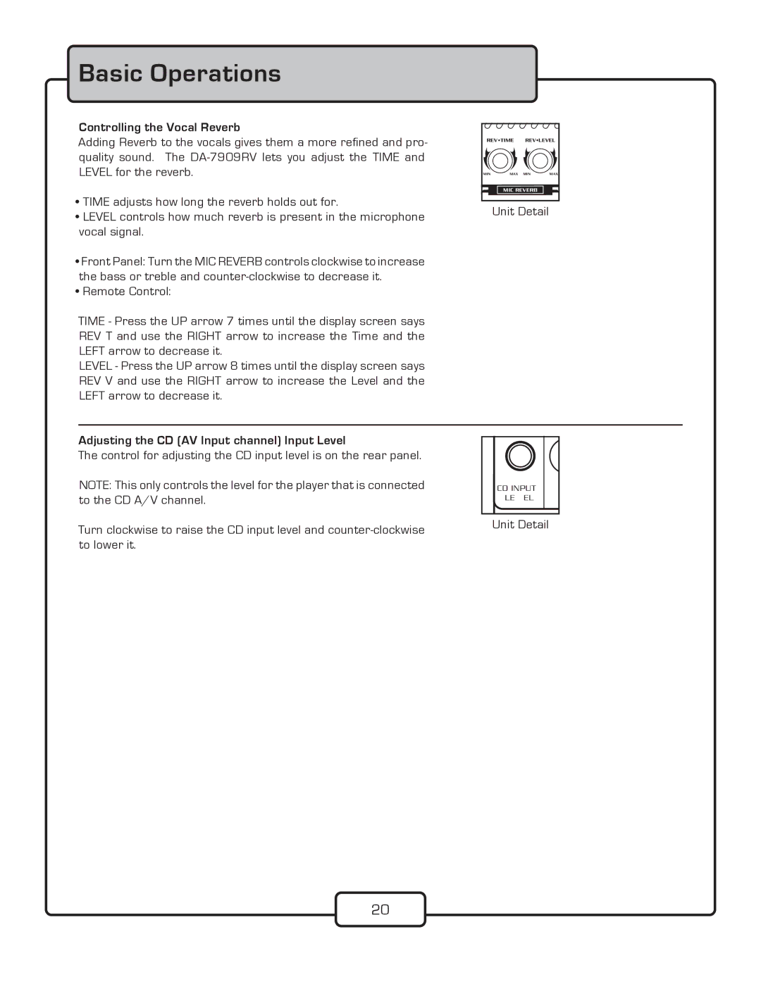 VocoPro DA-7909RV owner manual Controlling the Vocal Reverb, Adjusting the CD AV Input channel Input Level 