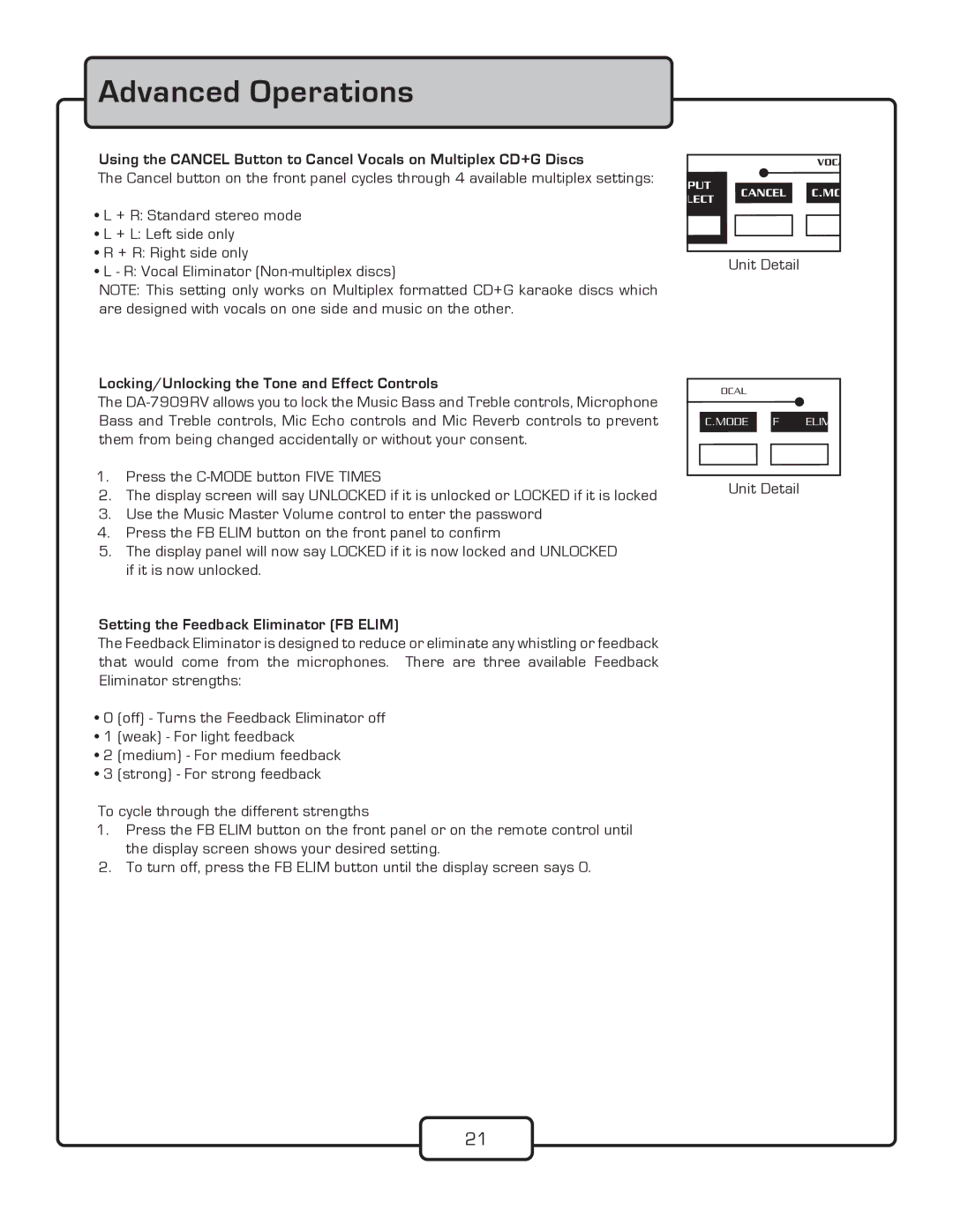 VocoPro DA-7909RV owner manual Advanced Operations, Locking/Unlocking the Tone and Effect Controls 