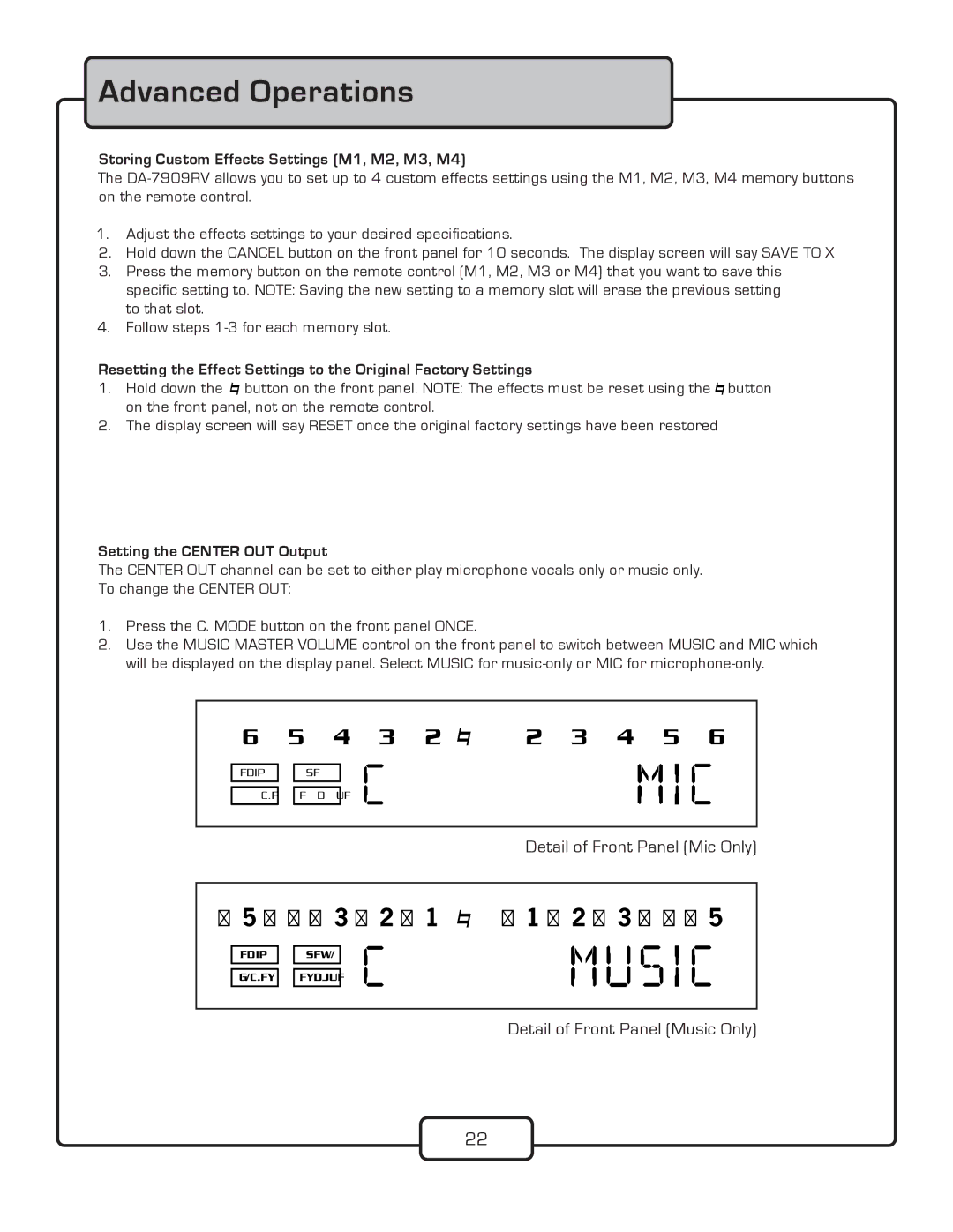 VocoPro DA-7909RV owner manual Storing Custom Effects Settings M1, M2, M3, M4, Setting the Center OUT Output 