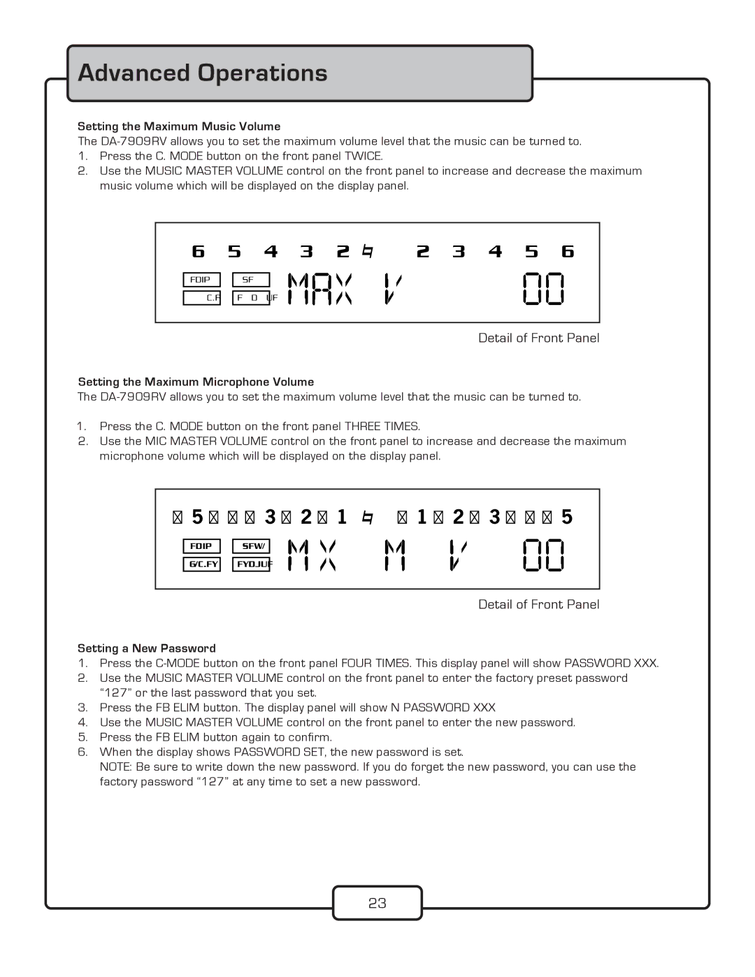 VocoPro DA-7909RV Setting the Maximum Music Volume, Setting the Maximum Microphone Volume, Setting a New Password 