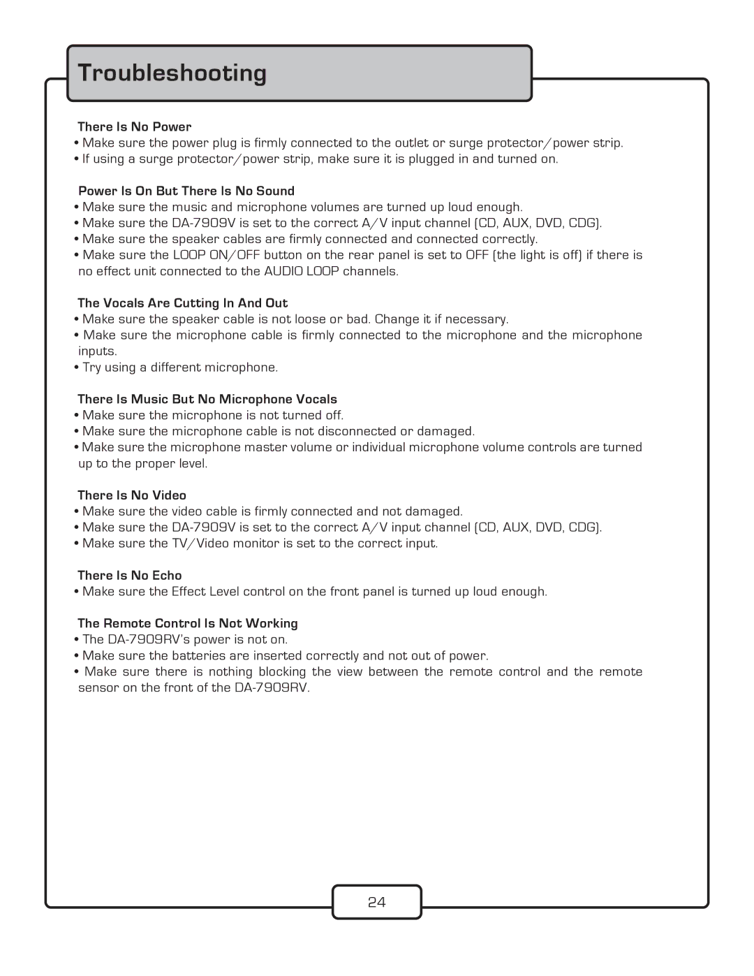 VocoPro DA-7909RV owner manual Troubleshooting 