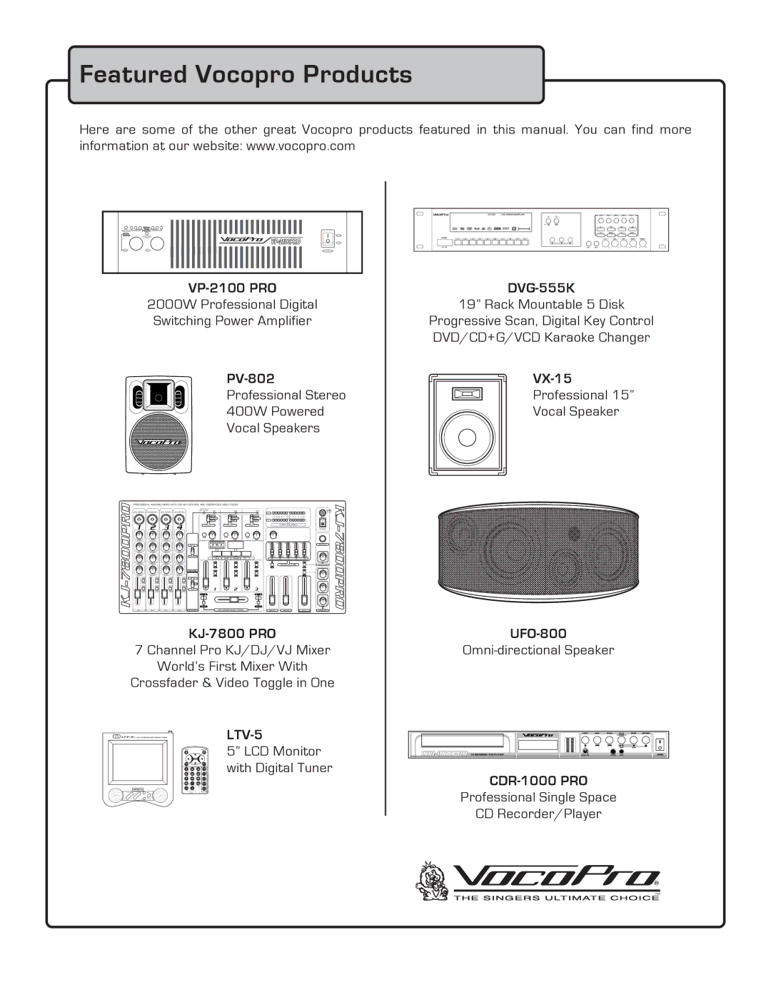 VocoPro DA-7909RV owner manual Featured Vocopro Products 