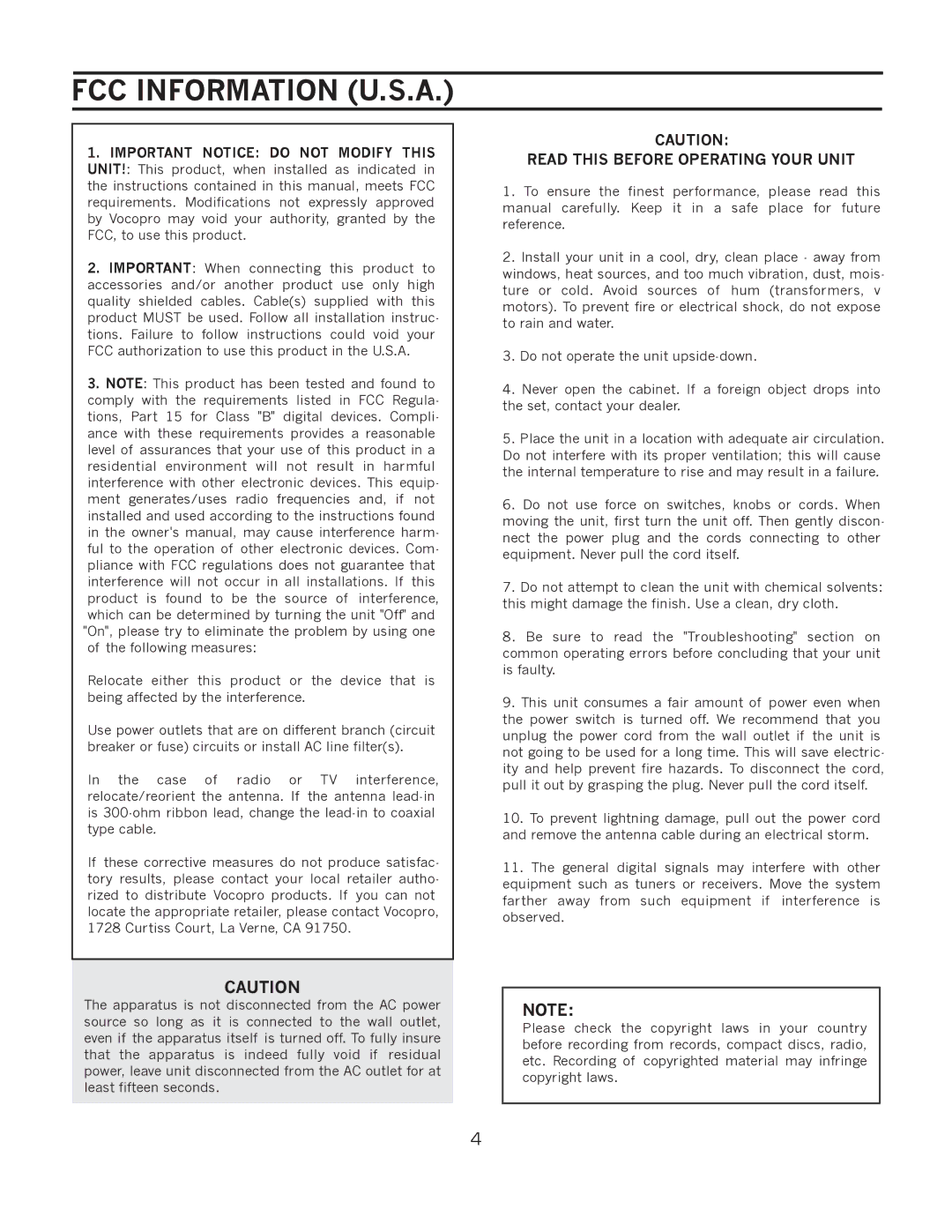 VocoPro DA-7909RV owner manual FCC Information U.S.A 