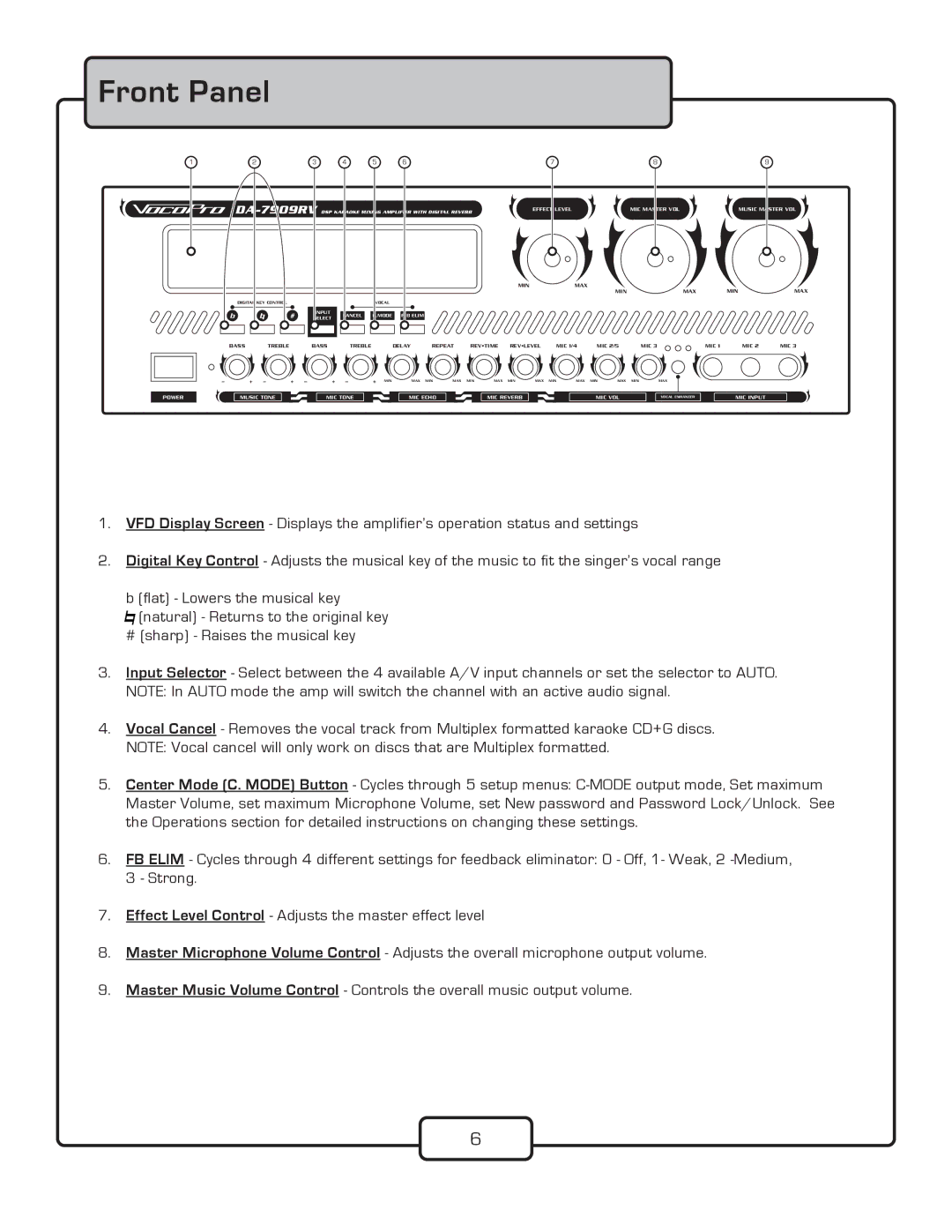 VocoPro DA-7909RV owner manual Front Panel 