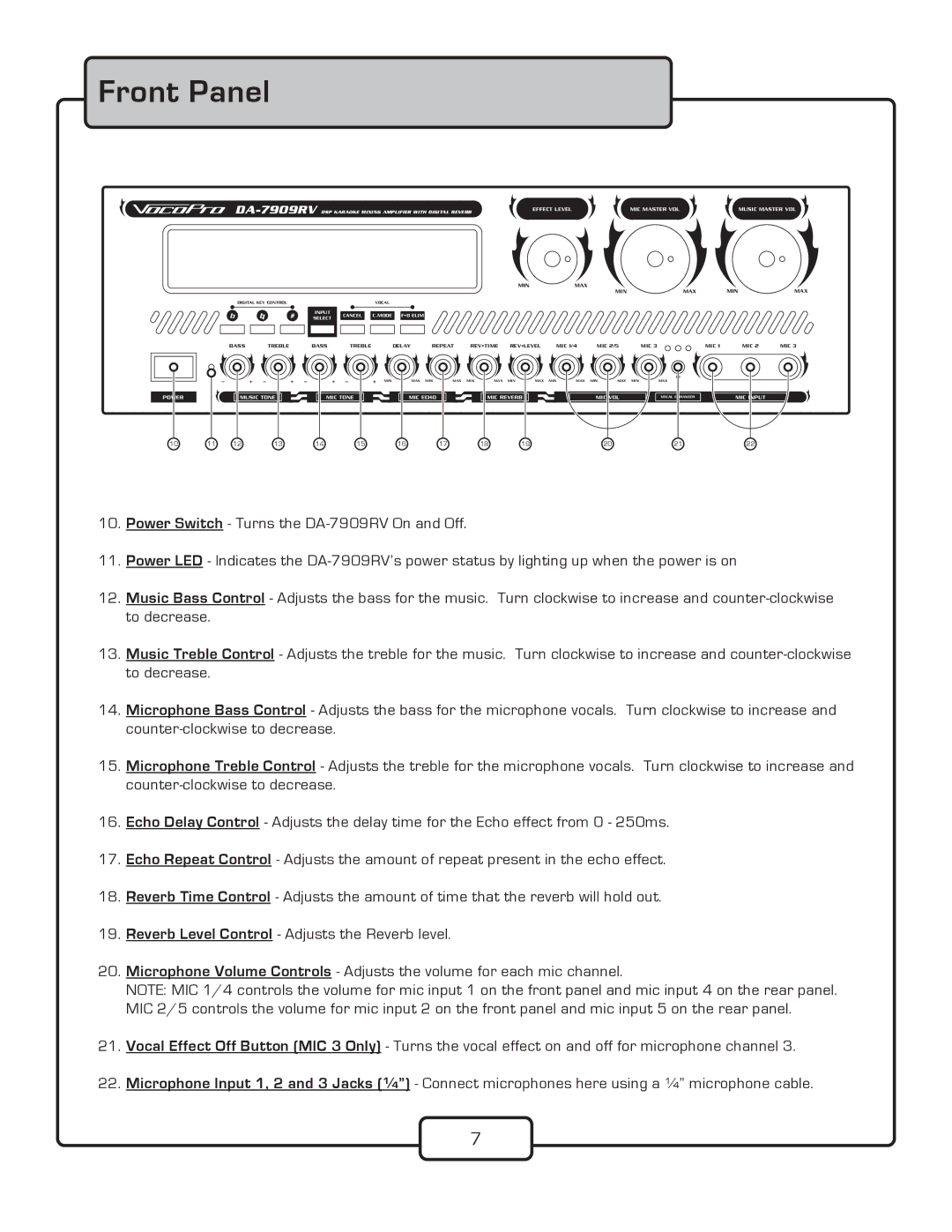 VocoPro DA-7909RV owner manual Front Panel 