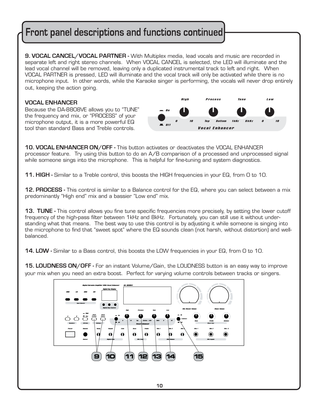 VocoPro DA-8808VE owner manual Front panel descriptions and functions continued, Vocal Enhancer 