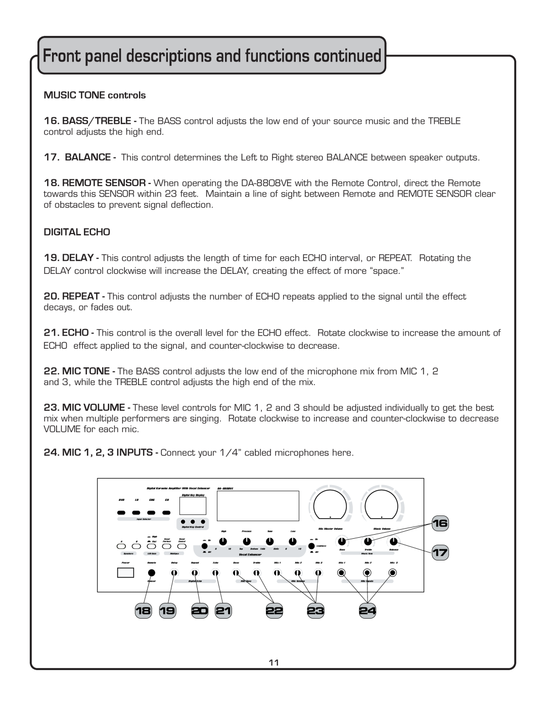 VocoPro DA-8808VE owner manual Front panel descriptions and functions continued, MUSIC TONE controls, Digital Echo 