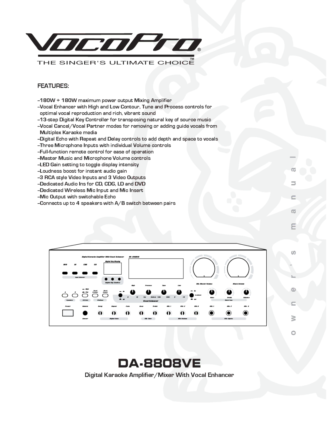 VocoPro DA-8808VE owner manual Features, Digital Karaoke Amplifier/Mixer With Vocal Enhancer 