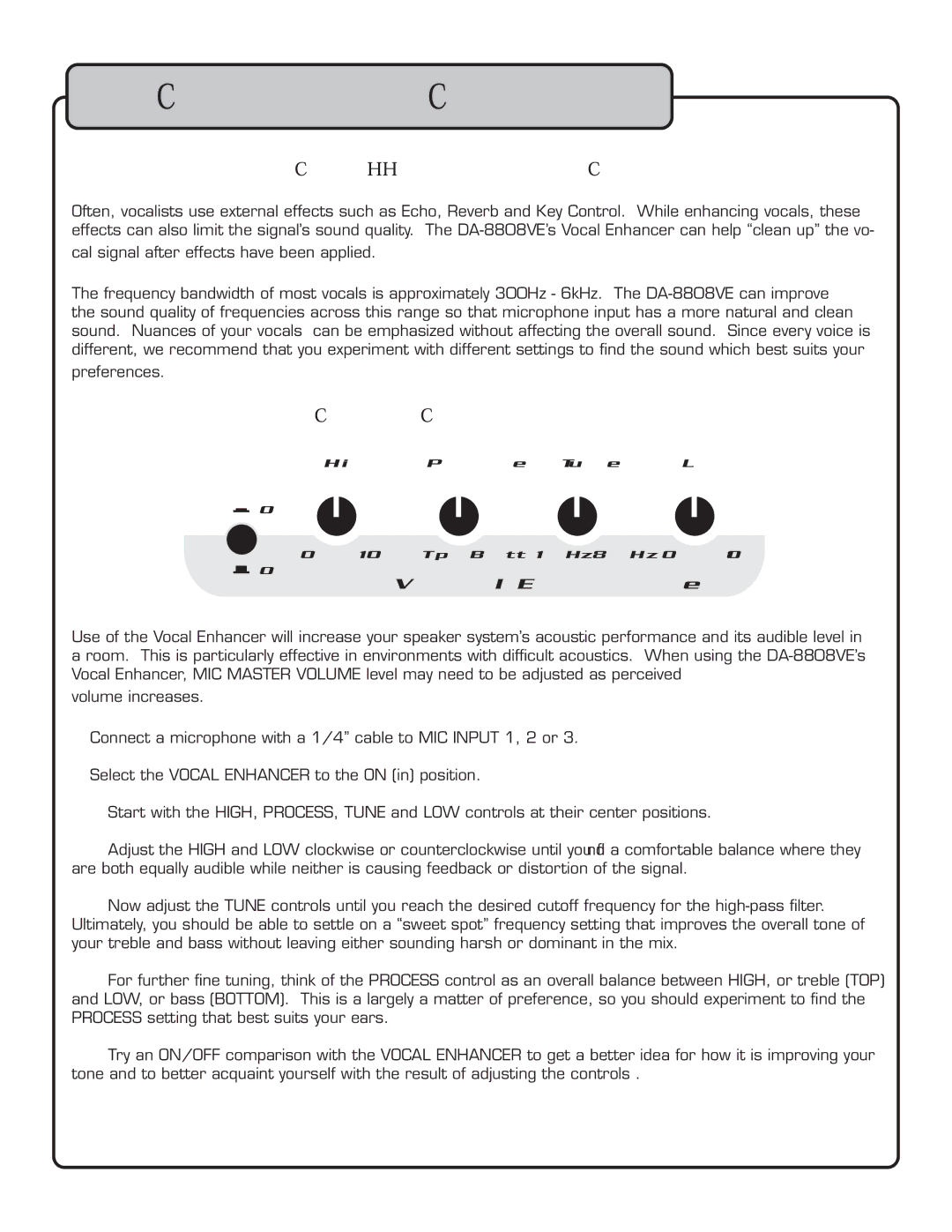 VocoPro DA-8808VE Advanced Operations, Working with vocals using external effects devices, Using the Vocal Enhancer 