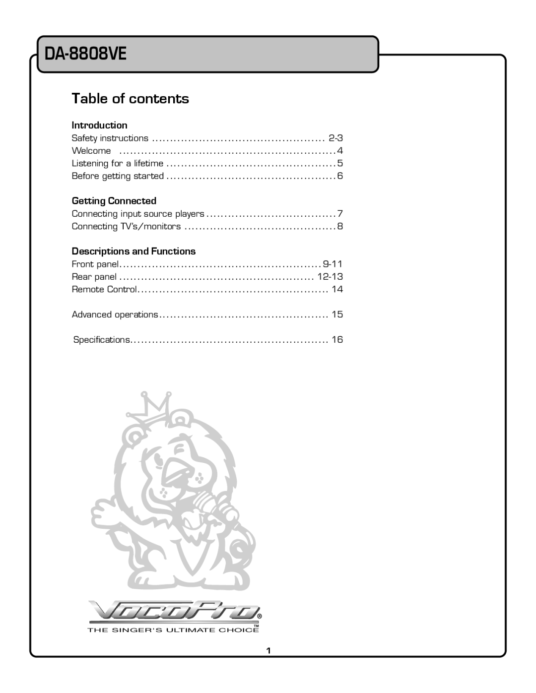 VocoPro DA-8808VE owner manual Table of contents 