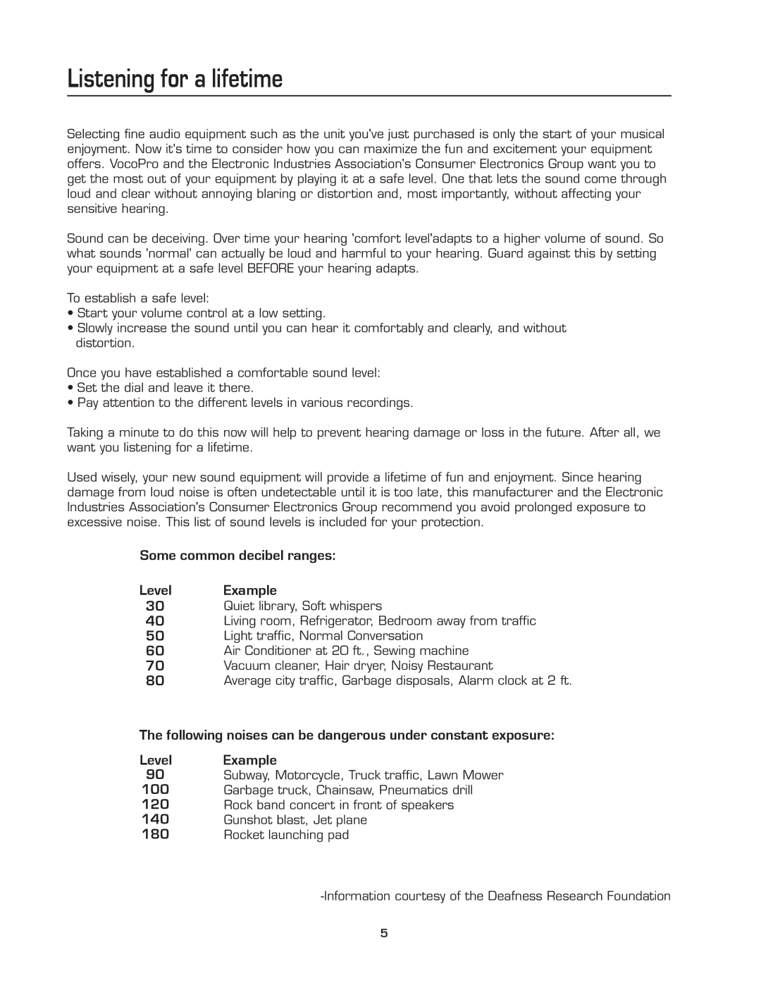 VocoPro DA-8808VE owner manual Listening for a lifetime, Some common decibel ranges Level Example 