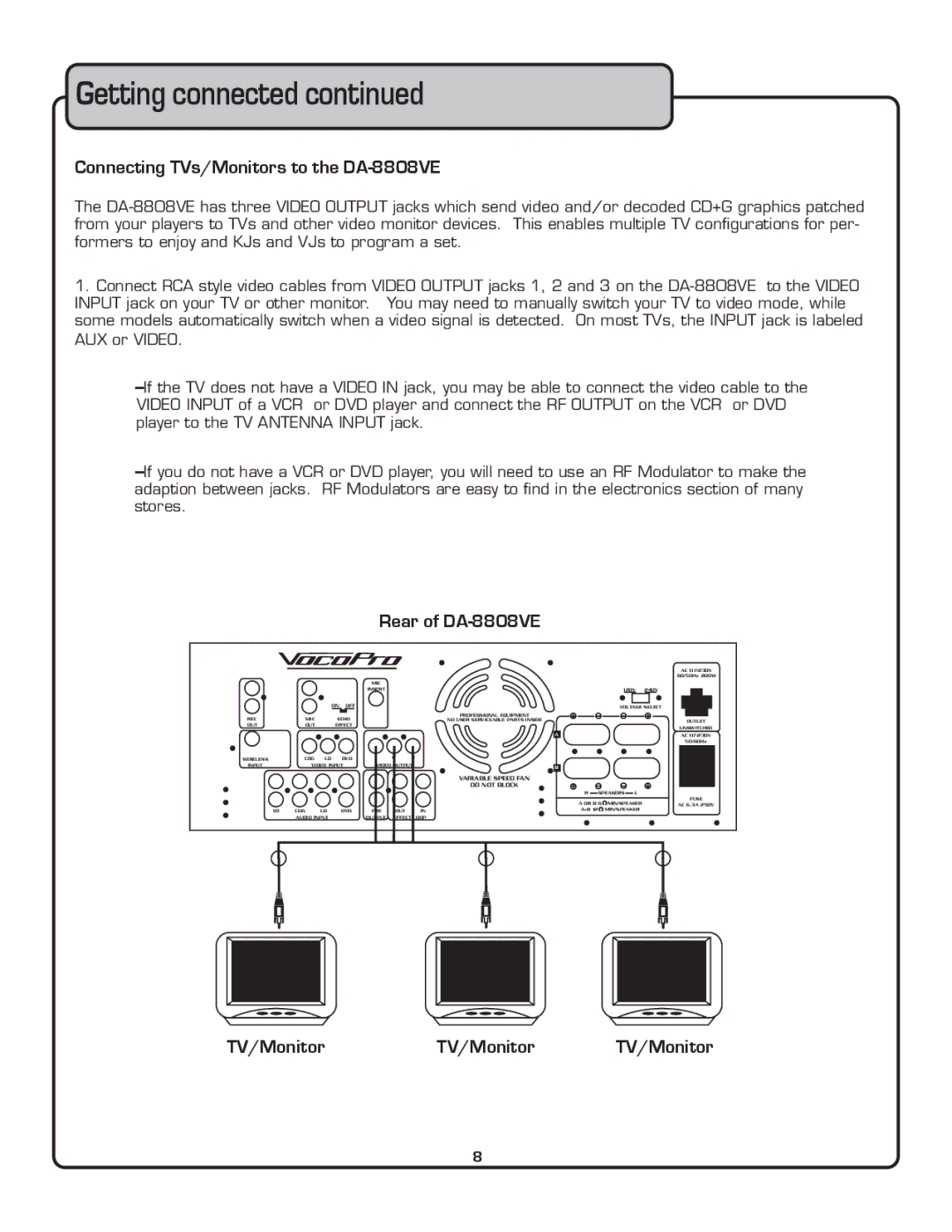 VocoPro owner manual Connecting TVs/Monitors to the DA-8808VE, Rear of DA-8808VE, TV/Monitor 