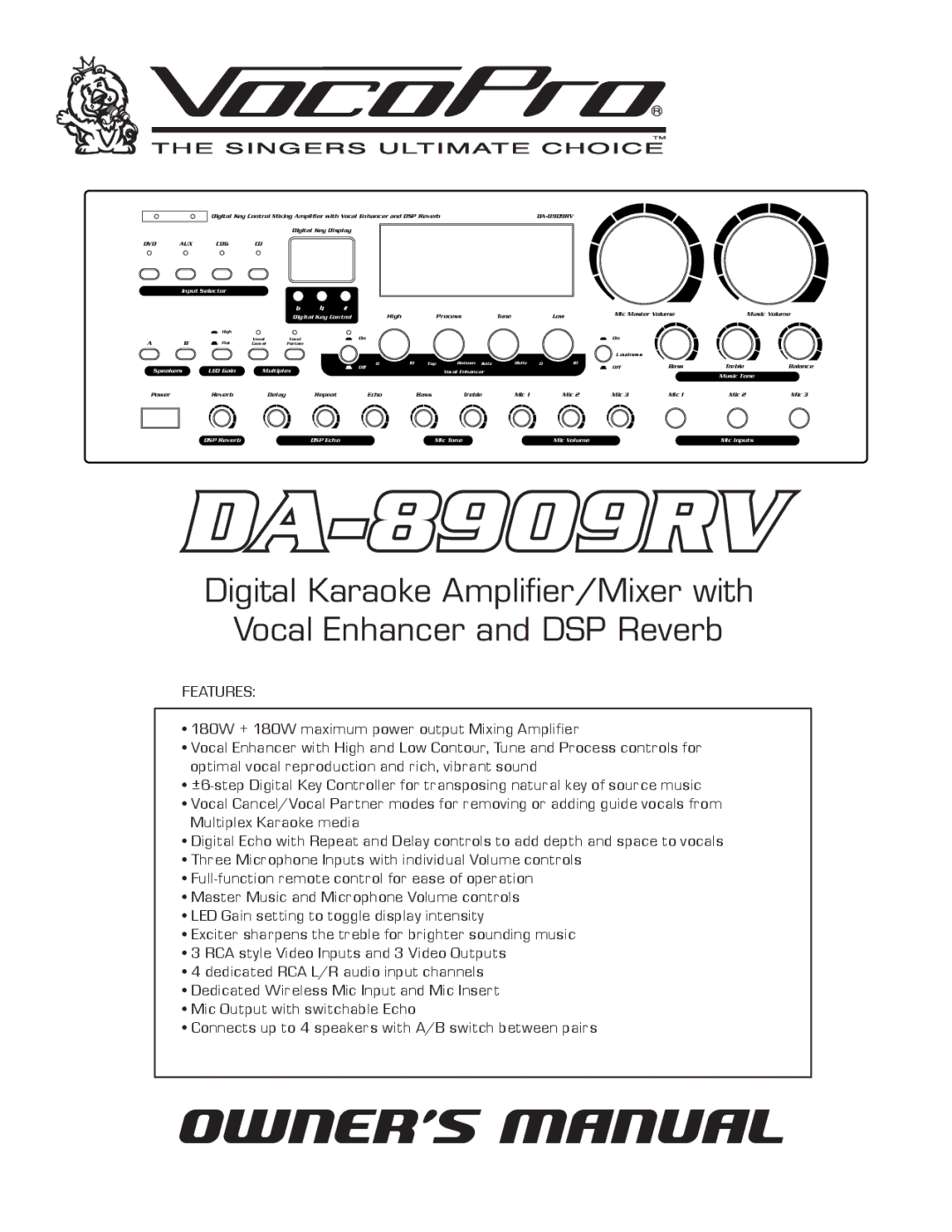 VocoPro DA-8909RV owner manual Features 