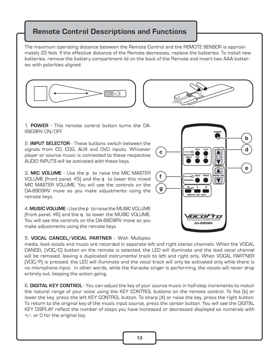 VocoPro DA-8909RV owner manual Remote Control Descriptions and Functions 