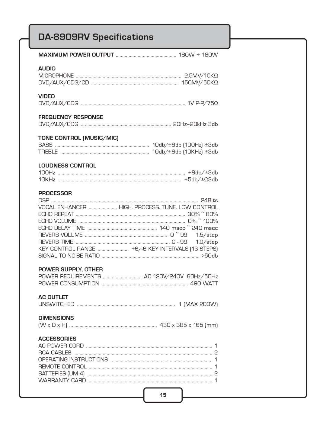 VocoPro owner manual DA-8909RV Specifications, Frequency Response 