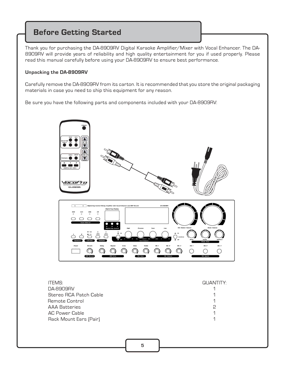 VocoPro owner manual Before Getting Started, Unpacking the DA-8909RV 