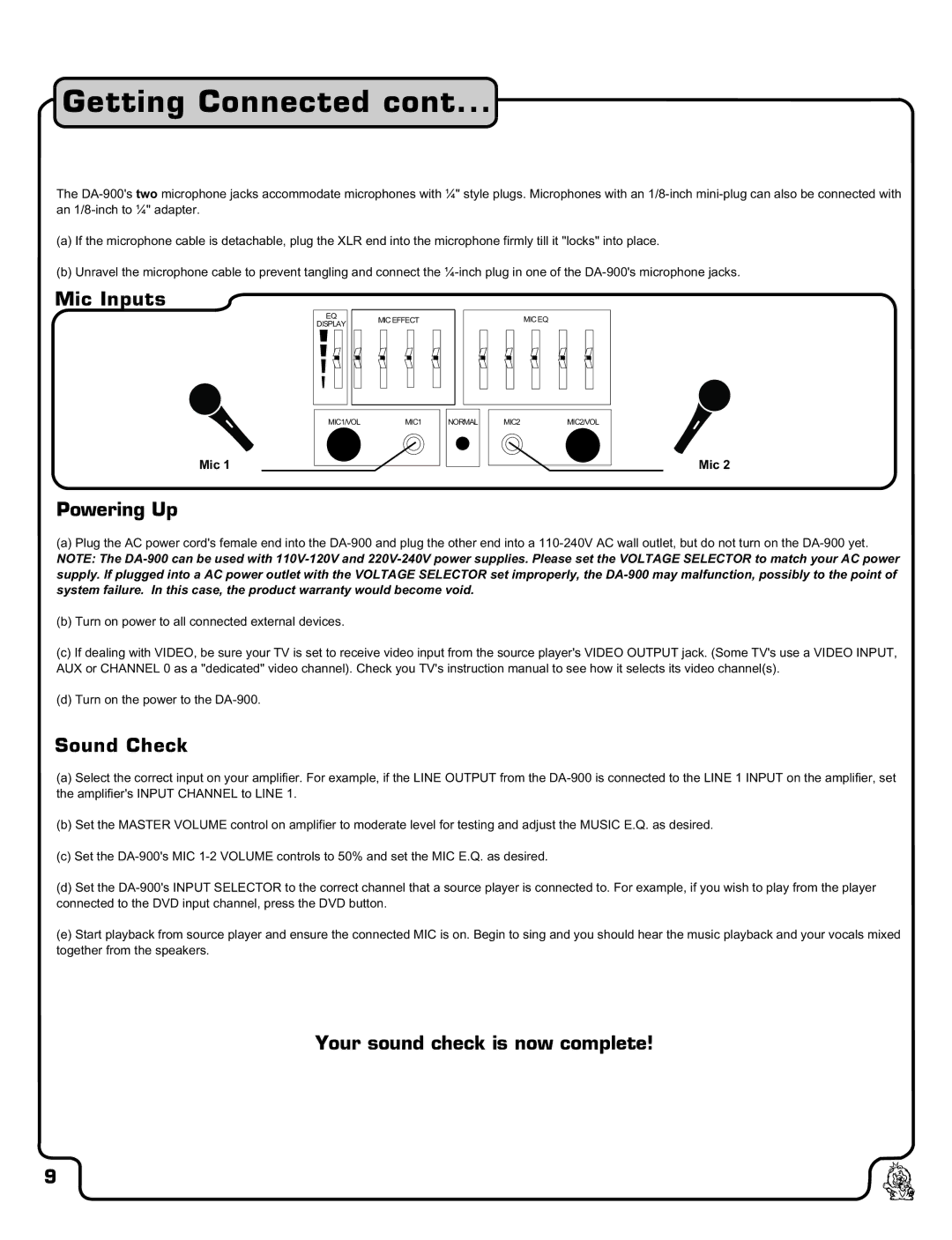 VocoPro DA-900 owner manual Mic Inputs, Powering Up, Sound Check, Your sound check is now complete 