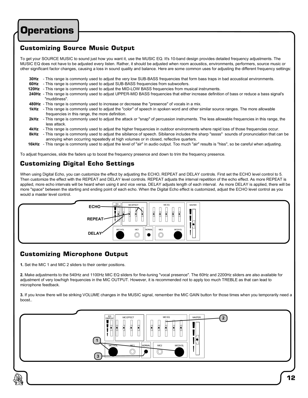 VocoPro DA-900 owner manual Operations, Customizing Source Music Output, Customizing Digital Echo Settings 