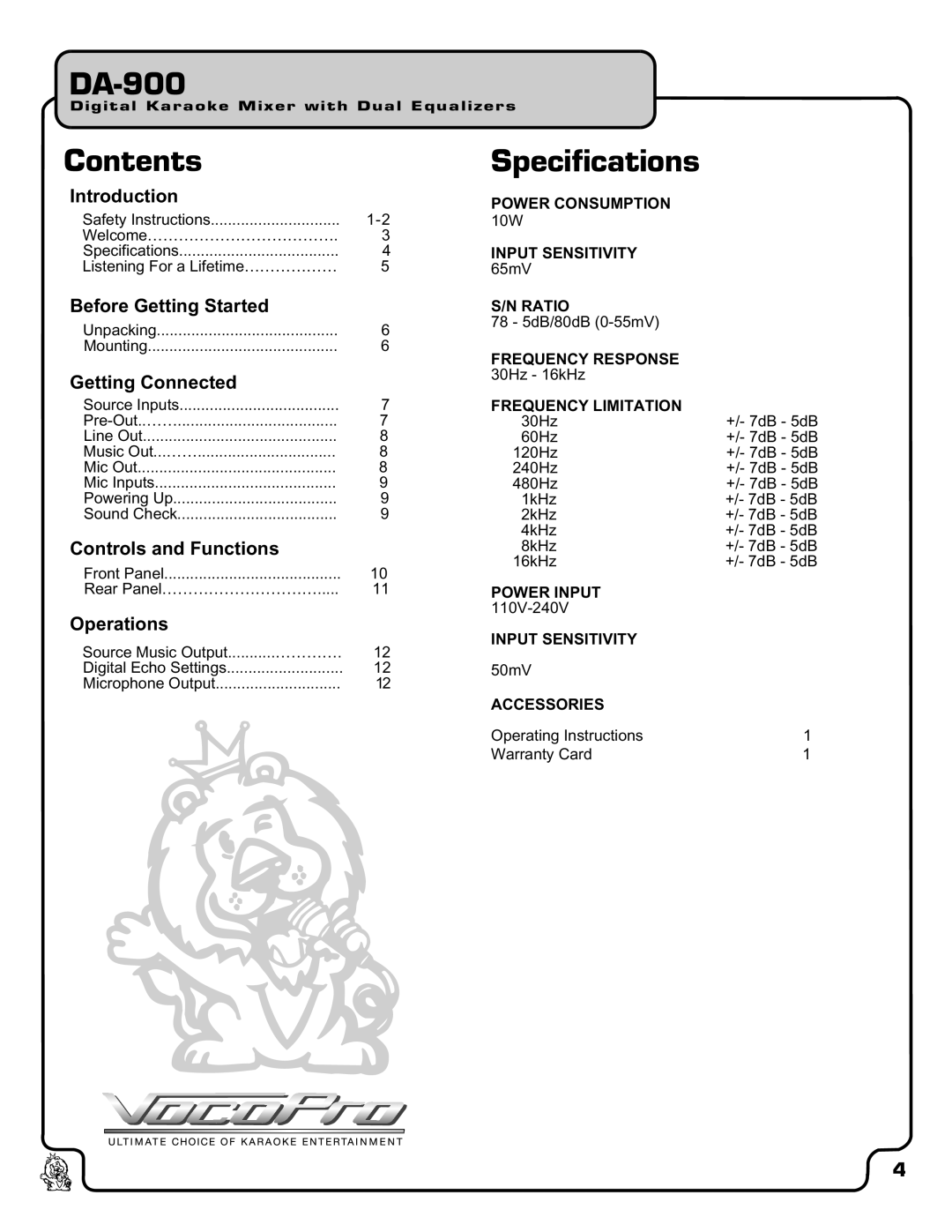 VocoPro DA-900 owner manual Contents, Specifications 