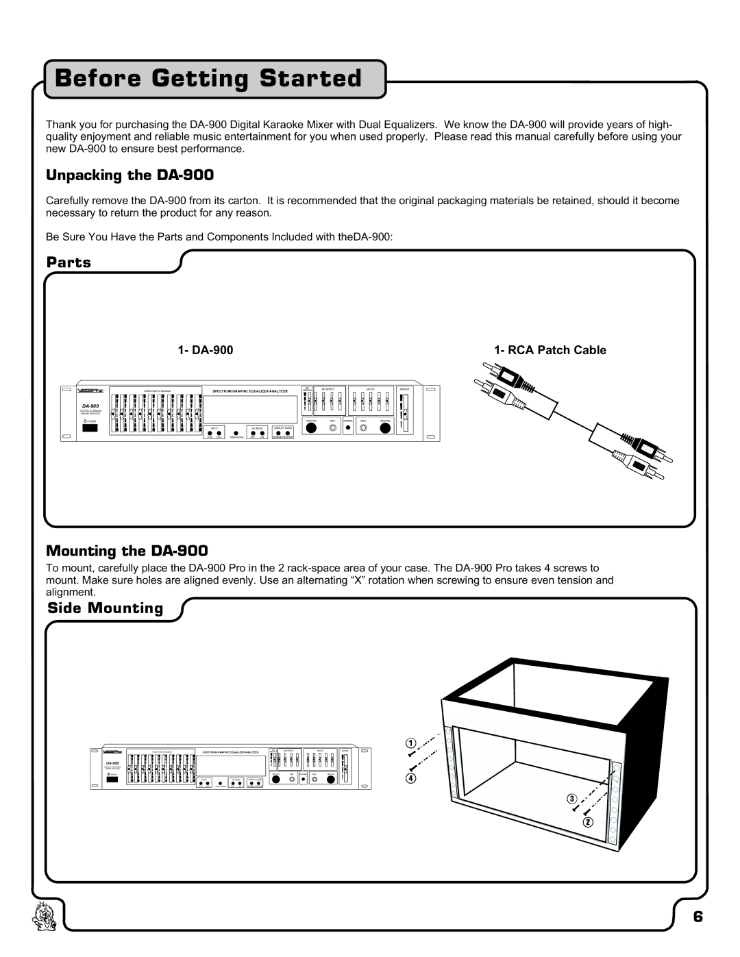 VocoPro owner manual Unpacking the DA-900, Parts, Mounting the DA-900, Side Mounting 