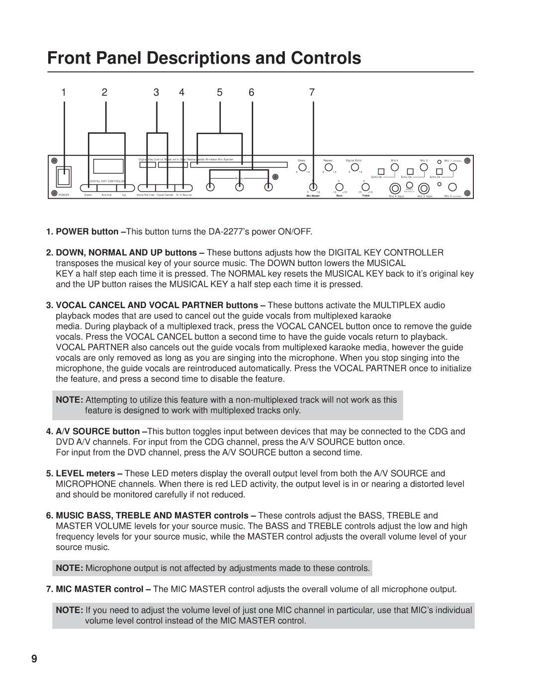 VocoPro DA2277 manual Front Panel Descriptions and Controls, Digital KEY Controller Power 