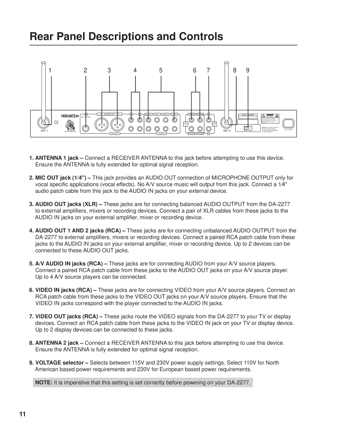 VocoPro DA2277 manual Rear Panel Descriptions and Controls, V4/VCV V2/CDG 