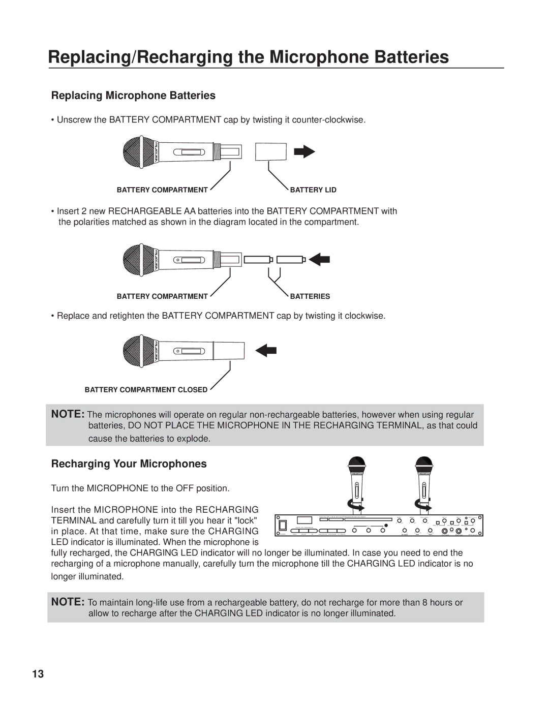 VocoPro DA2277 Replacing/Recharging the Microphone Batteries, Replacing Microphone Batteries, Recharging Your Microphones 