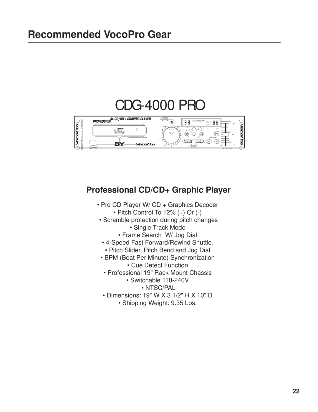 VocoPro DA2277 manual CDG-4000 PRO, Recommended VocoPro Gear 