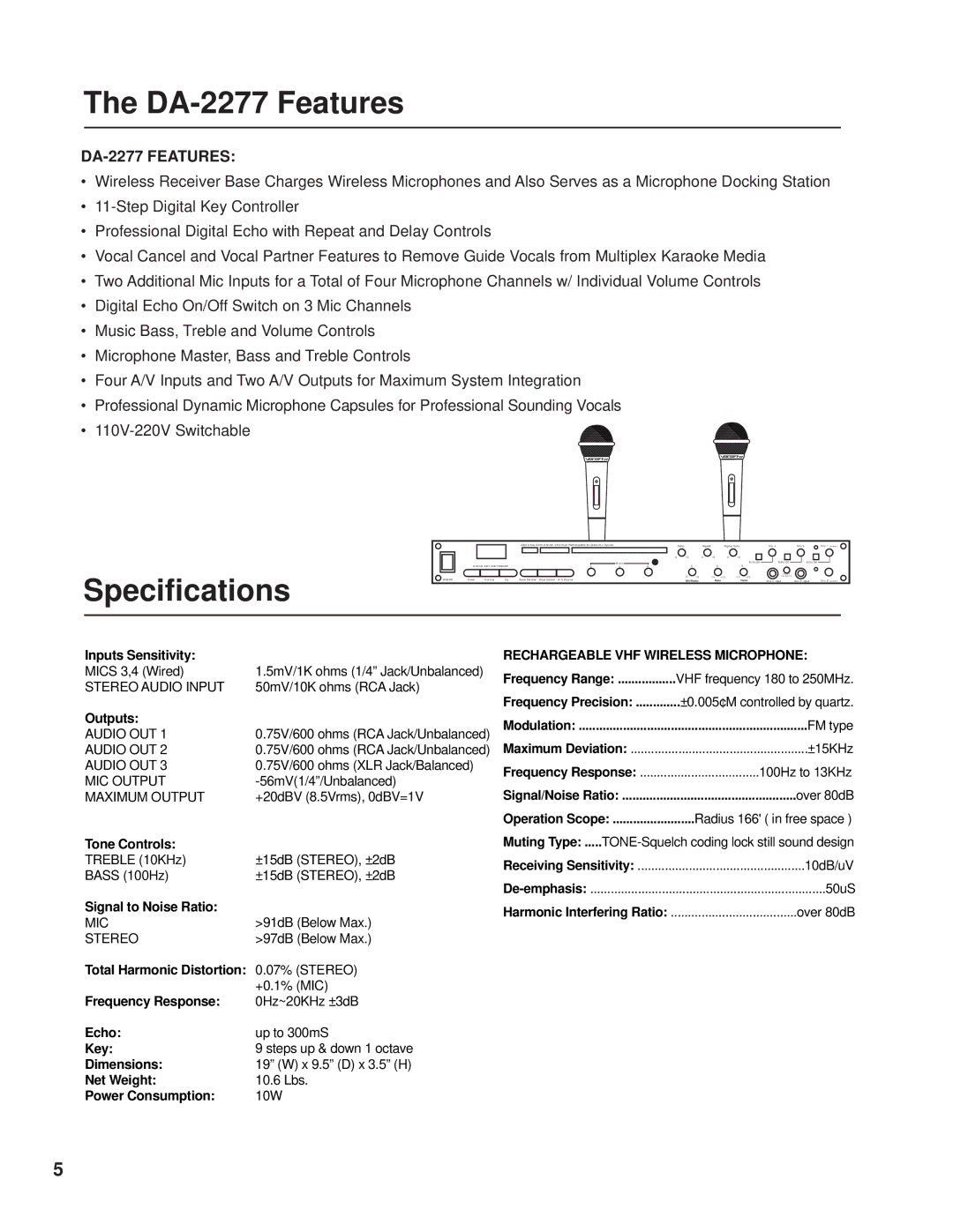 VocoPro DA2277 manual DA-2277 Features, Specifications 