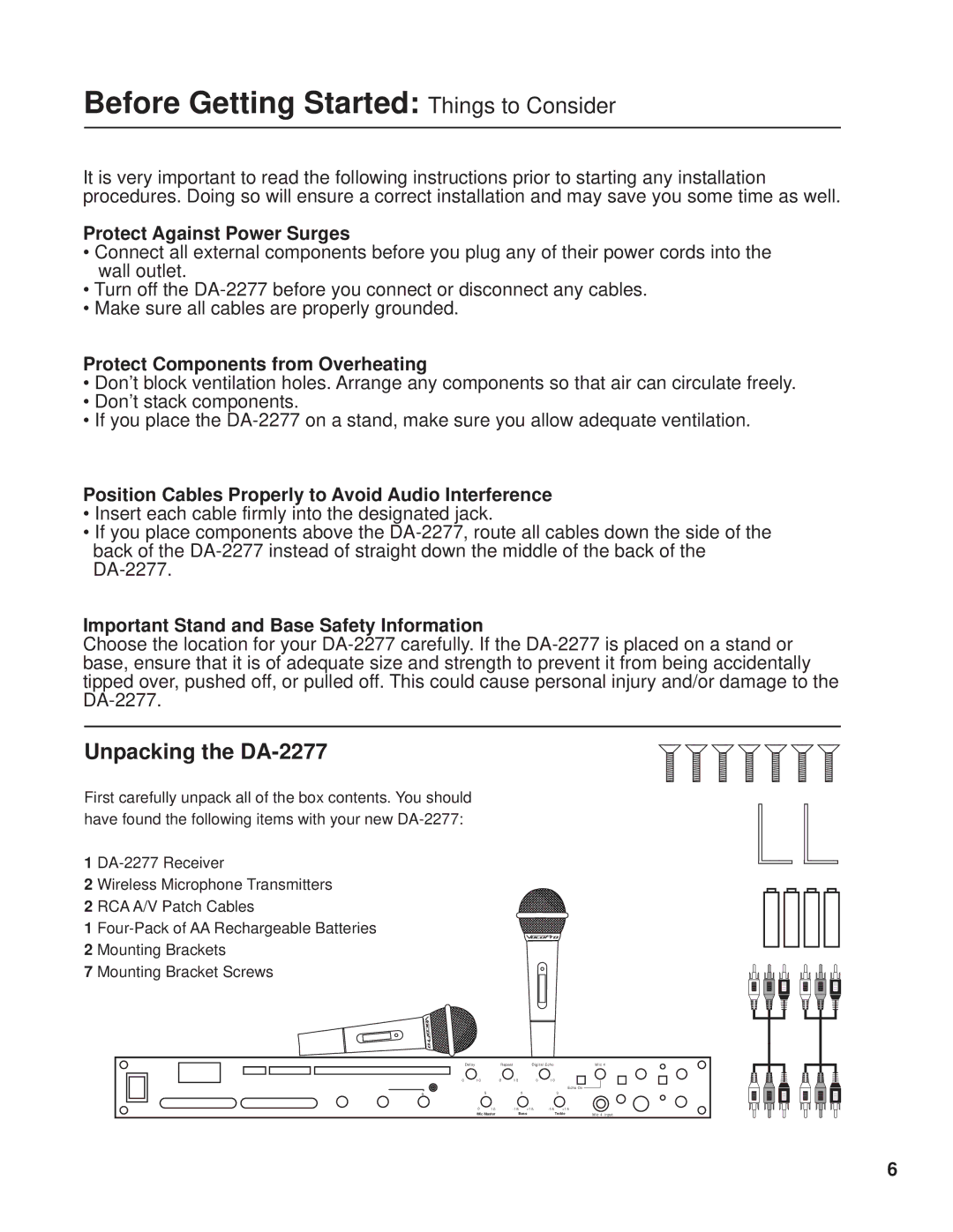 VocoPro DA2277 manual Before Getting Started Things to Consider, Protect Against Power Surges 