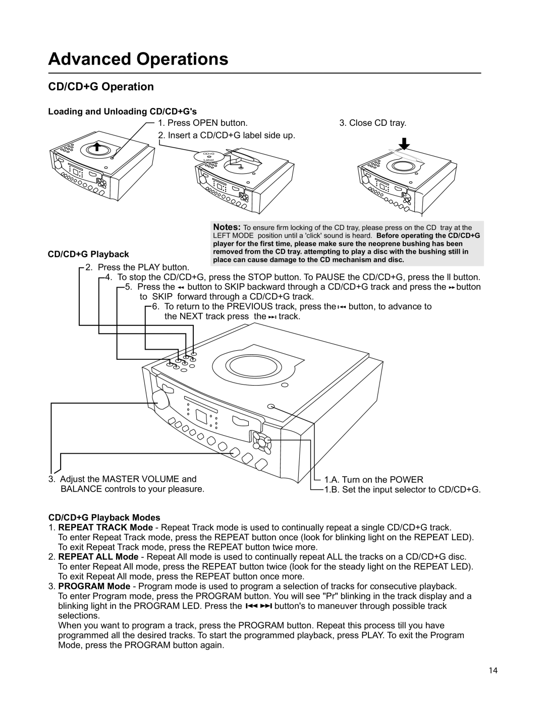 VocoPro DIGITAL KARAOKE SYSTEM owner manual Advanced Operations, Loading and Unloading CD/CD+Gs, CD/CD+G Playback 