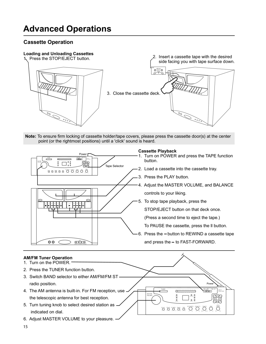 VocoPro DIGITAL KARAOKE SYSTEM owner manual Cassette Playback, AM/FM Tuner Operation 