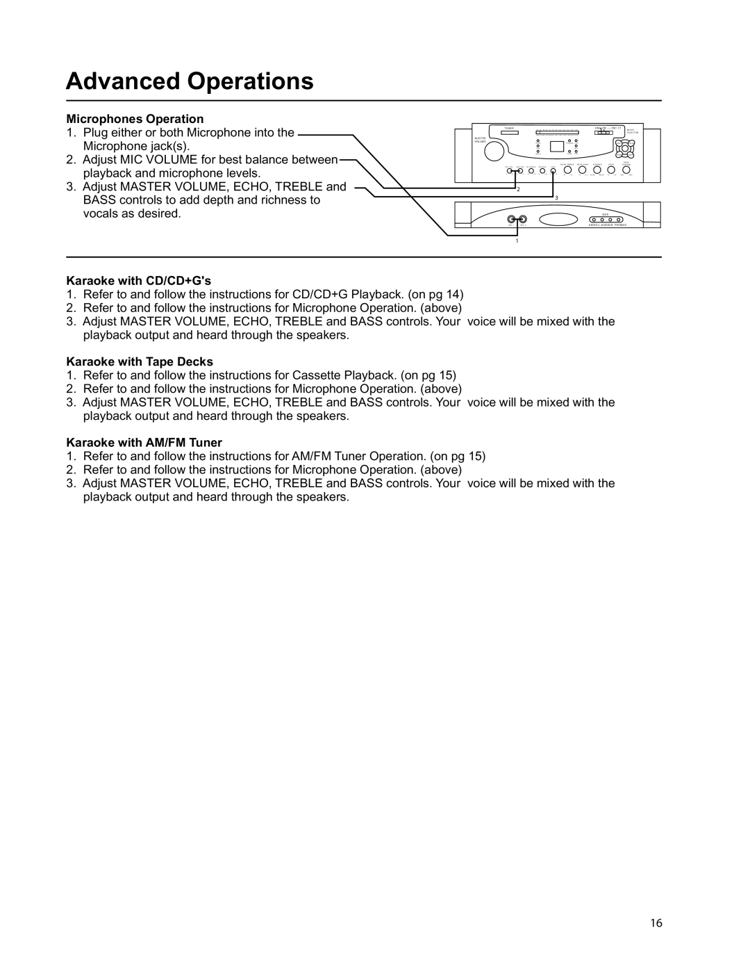 VocoPro DIGITAL KARAOKE SYSTEM owner manual Microphones Operation, Karaoke with CD/CD+Gs, Karaoke with Tape Decks 