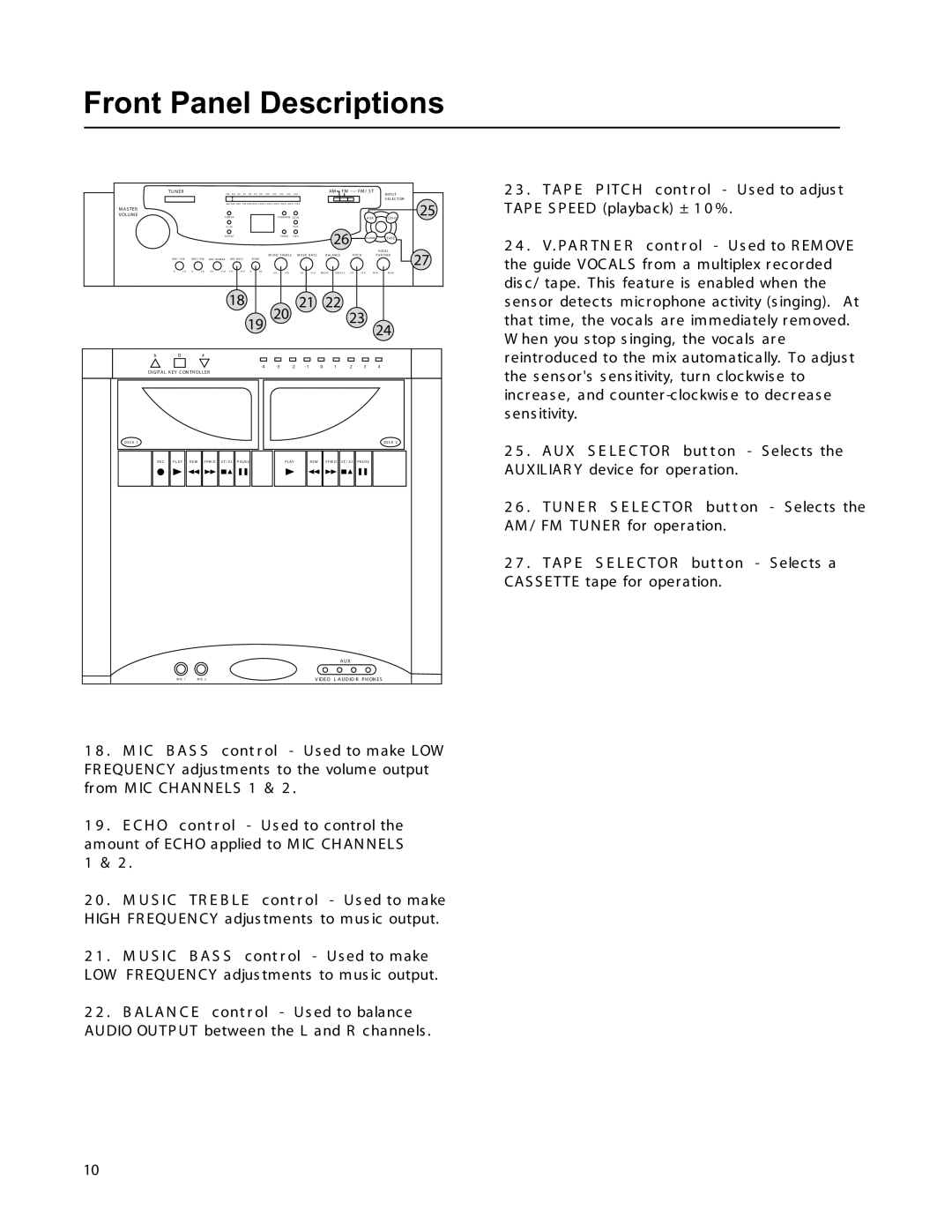 VocoPro DIGITAL KARAOKE SYSTEM owner manual Front Panel Descriptions, 2 3 . TA P E 