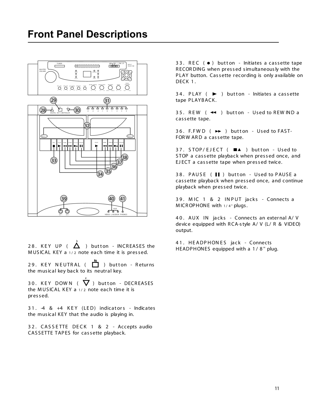 VocoPro DIGITAL KARAOKE SYSTEM owner manual Front Panel Descriptions, but t on 