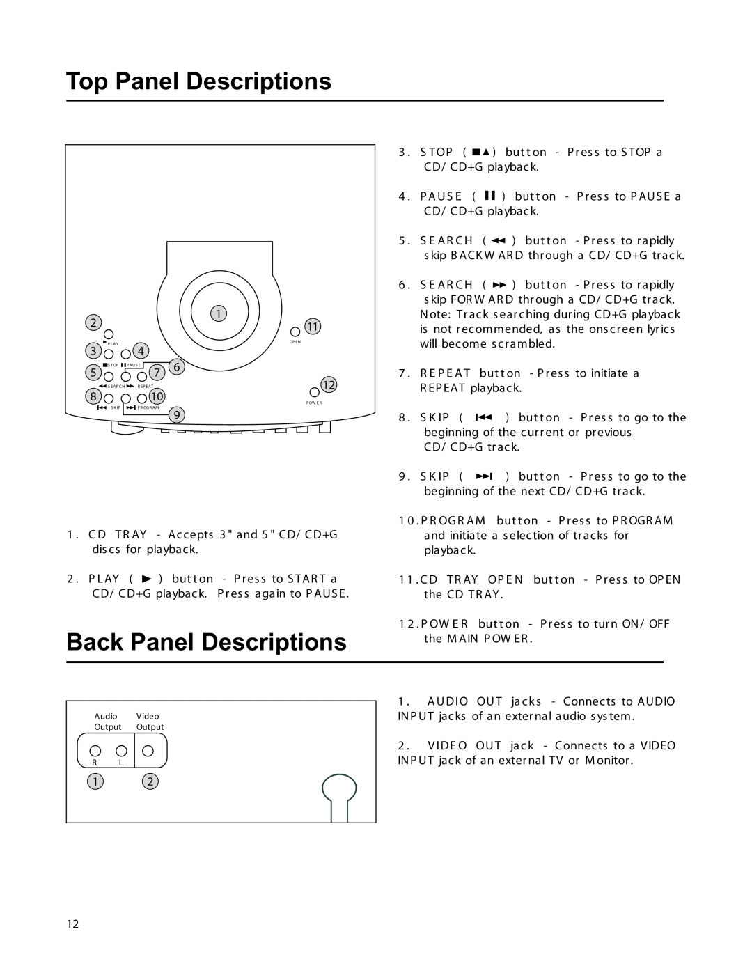 VocoPro DIGITAL KARAOKE SYSTEM owner manual Top Panel Descriptions, Back Panel Descriptions 