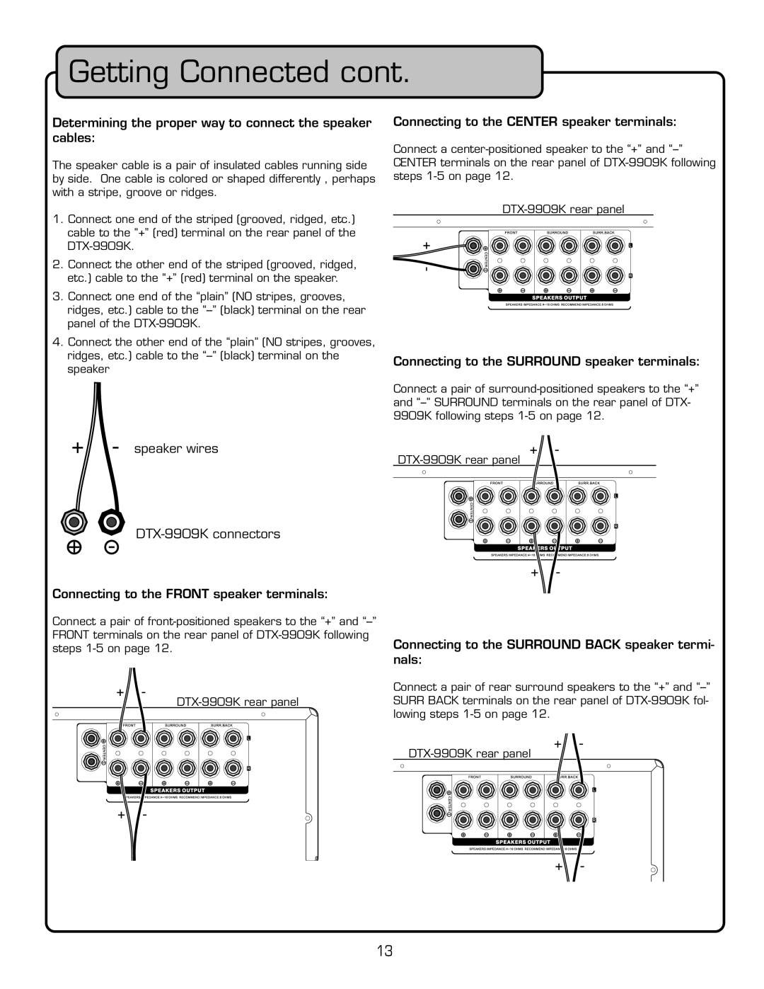 VocoPro DTX-9909K owner manual Getting Connected cont, Connecting to the FRONT speaker terminals 