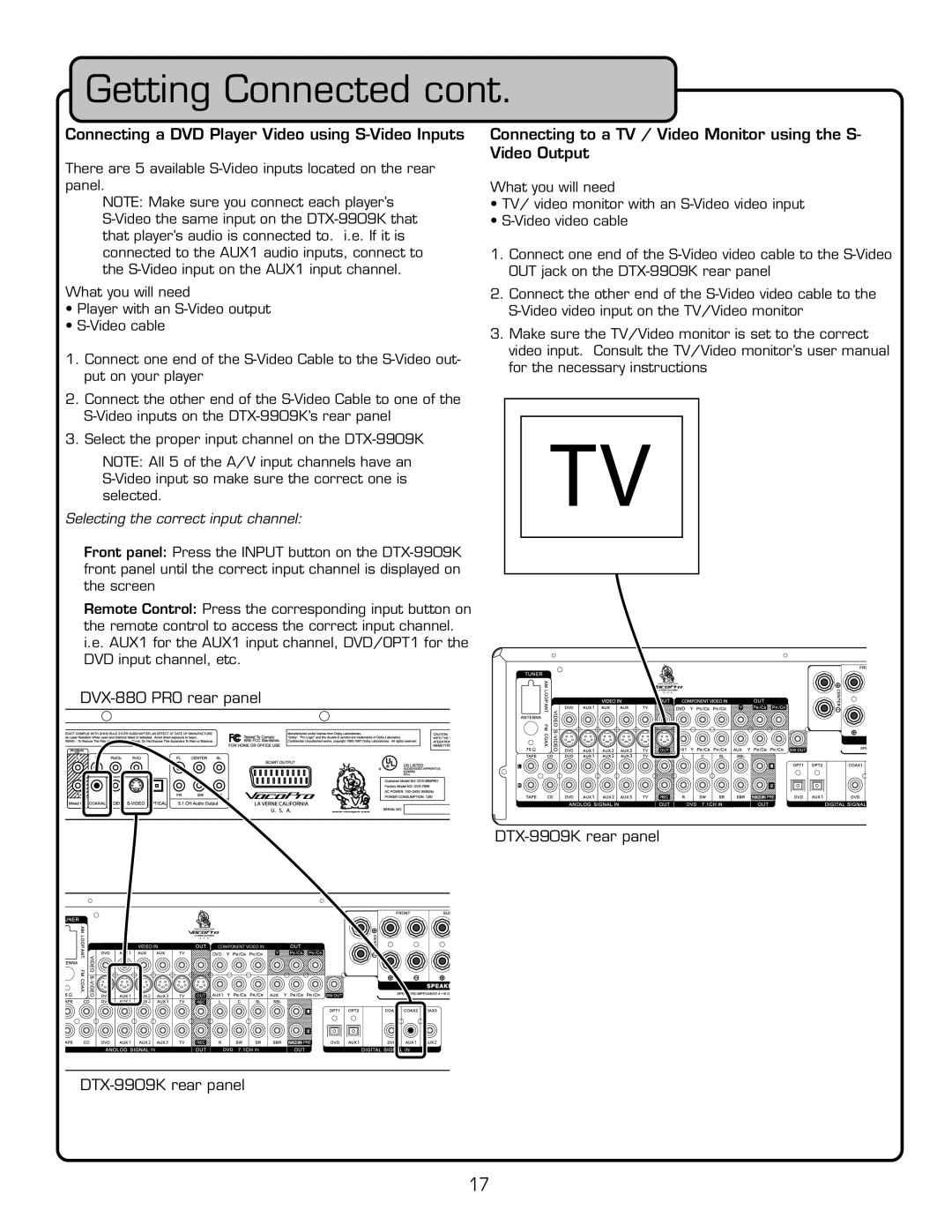 VocoPro DTX-9909K owner manual Getting Connected cont, Connecting a DVD Player Video using S-VideoInputs 