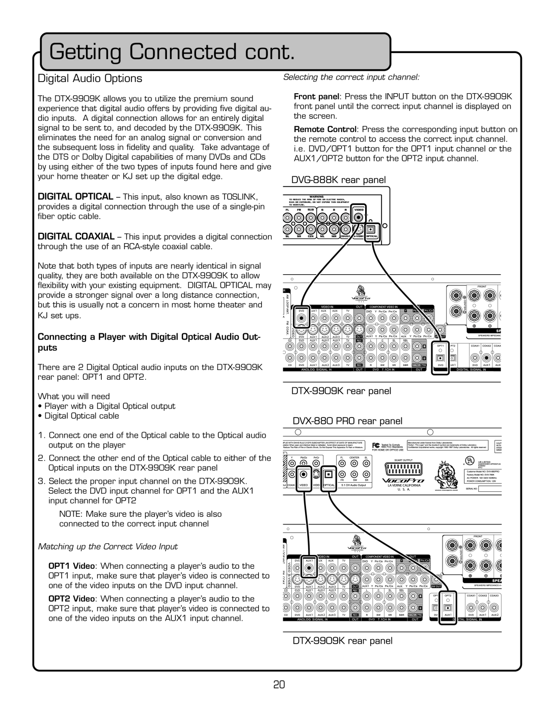 VocoPro DTX-9909K owner manual Getting Connected cont, Digital Audio Options, puts, Matching up the Correct Video Input 