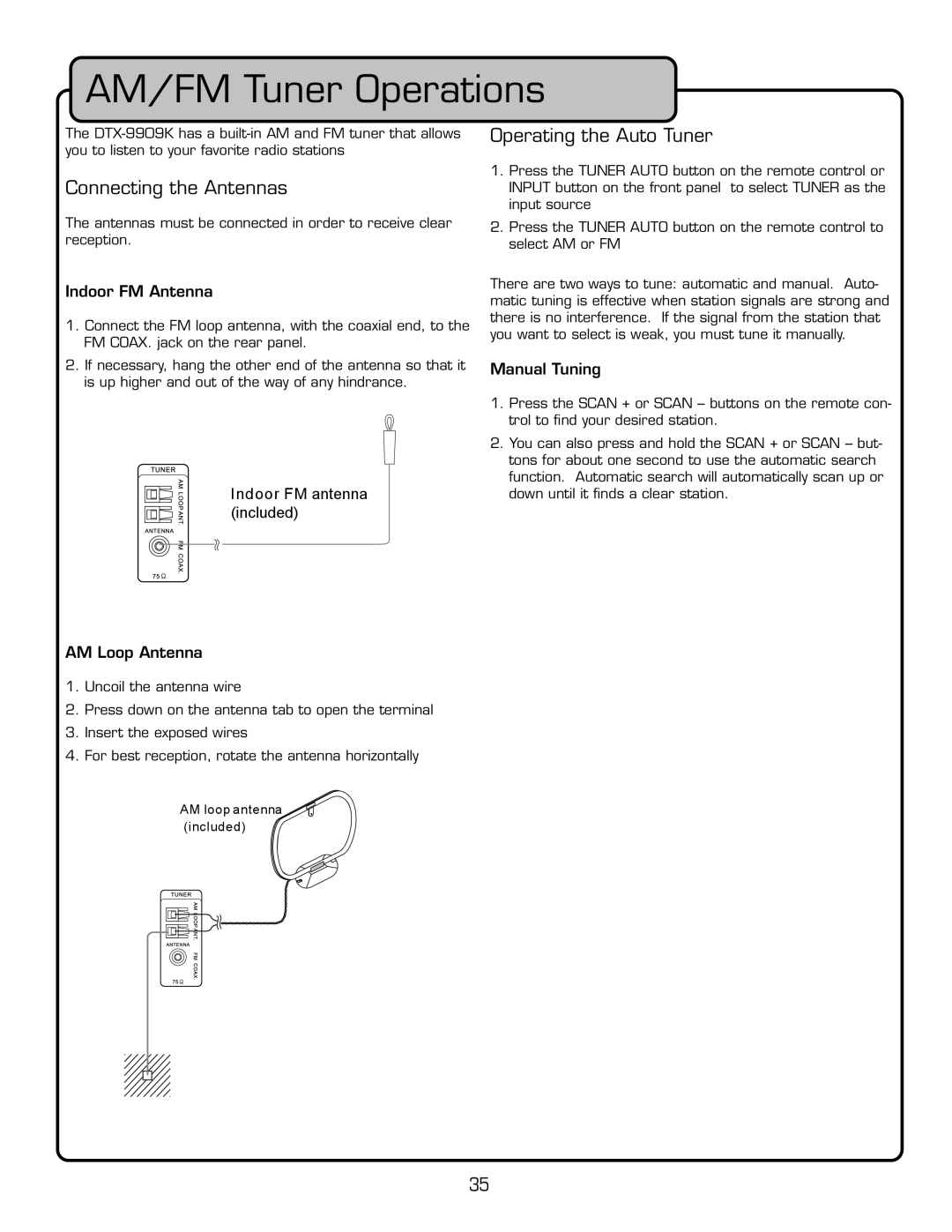 VocoPro DTX-9909K owner manual AM/FM Tuner Operations, Connecting the Antennas, Operating the Auto Tuner, Indoor FM Antenna 