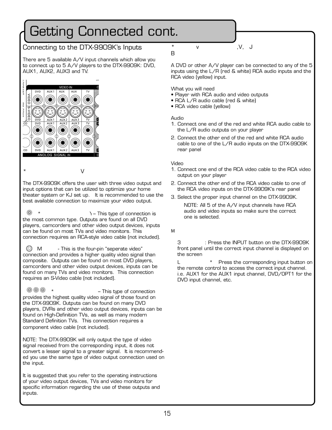 VocoPro owner manual Connecting to the DTX-9909K’s Inputs, Choosing a Video Output, Selecting the Correct input channel 