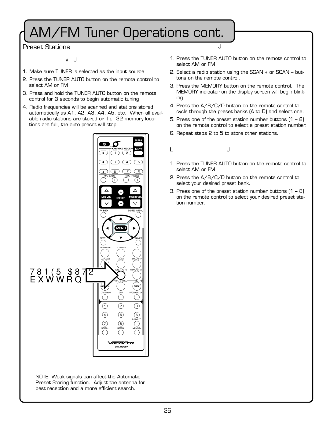 VocoPro DTX-9909K owner manual Automatic Preset Storing, Manually Presetting Stations, Retrieving Preset Stations 