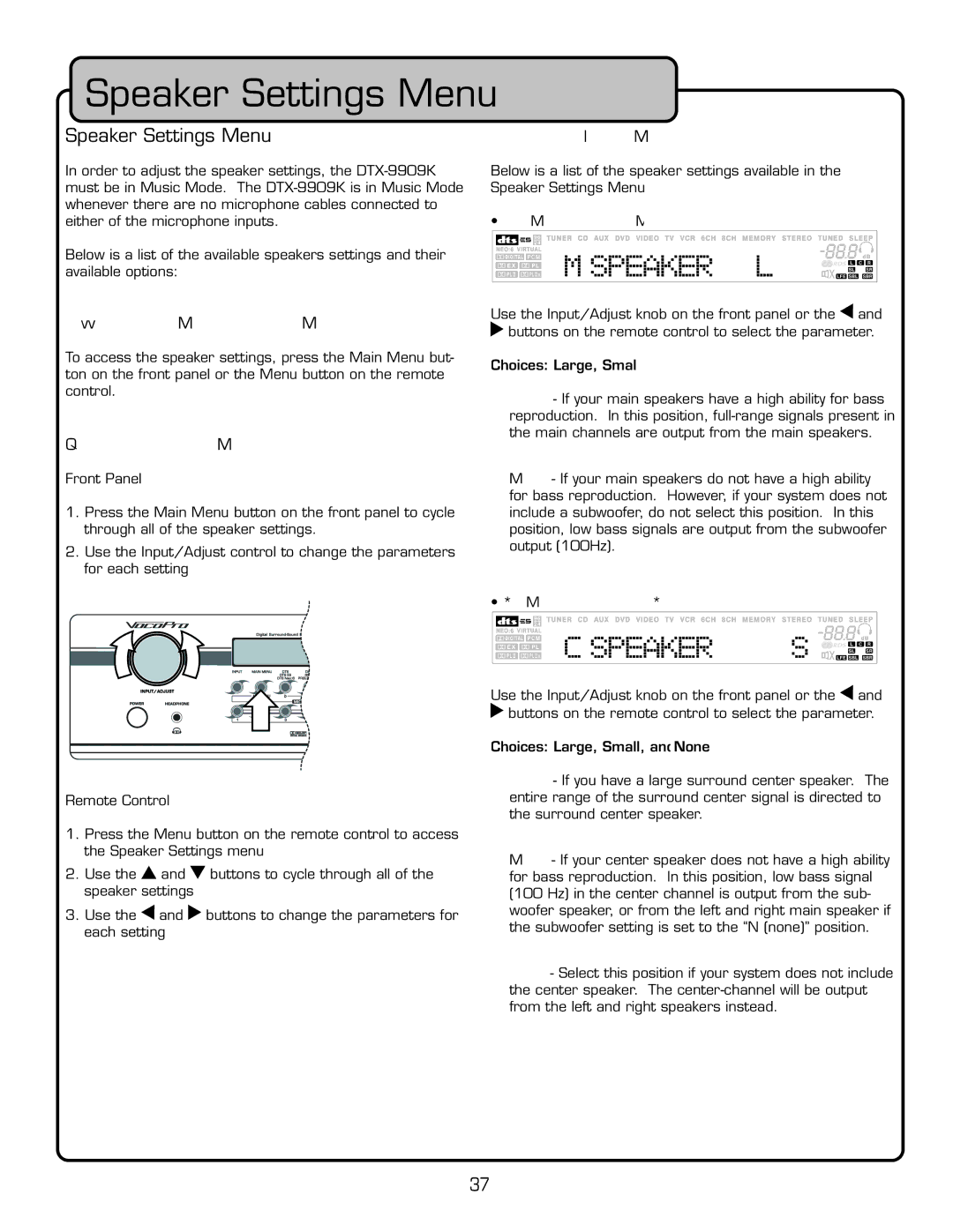 VocoPro DTX-9909K Available Speaker Settings, Accessing the Speaker Settings Menu, Using the Speaker Settings Menu 