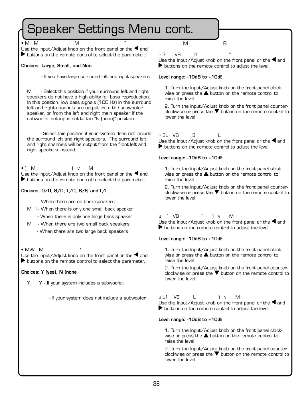 VocoPro DTX-9909K owner manual Adjusting Speaker Output Levels, Choices 0/0, S/0, L/0, S/S, and L/L, Choices Y yes, N none 