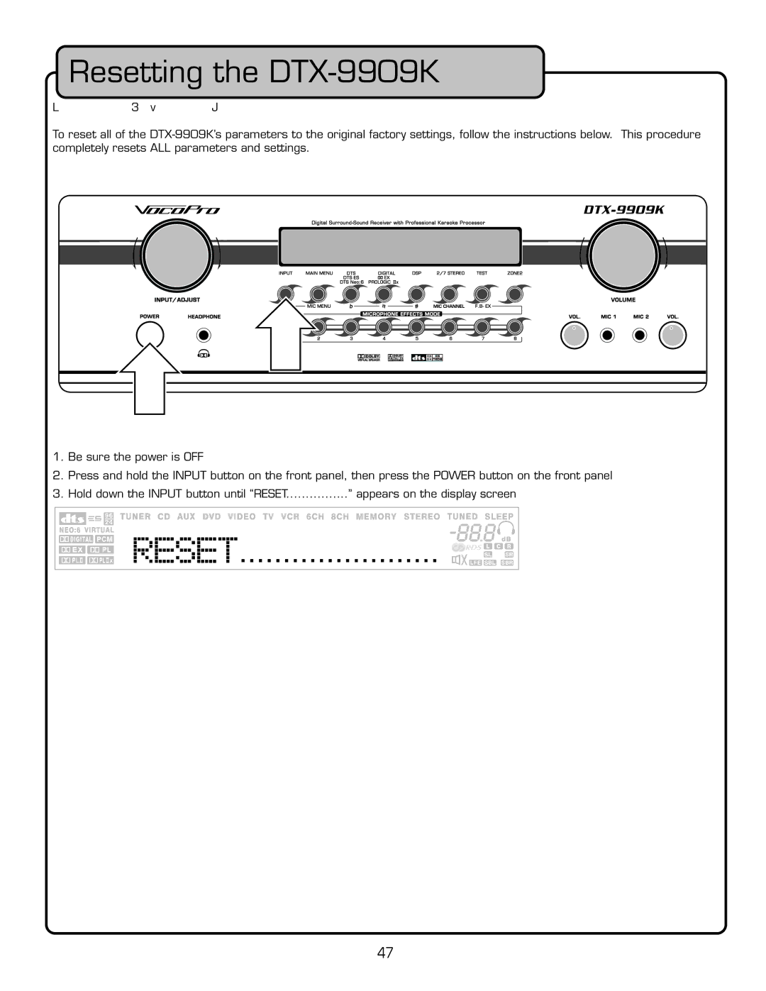 VocoPro owner manual Resetting the DTX-9909K 