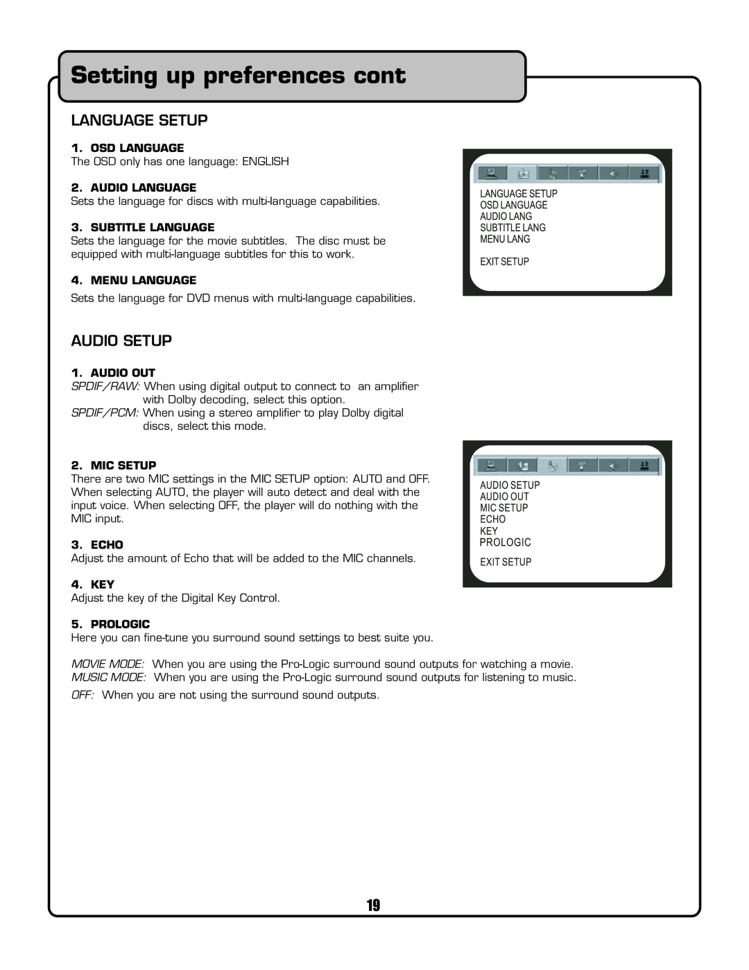 VocoPro DVG-399K owner manual Language Setup, Audio Setup, Key 