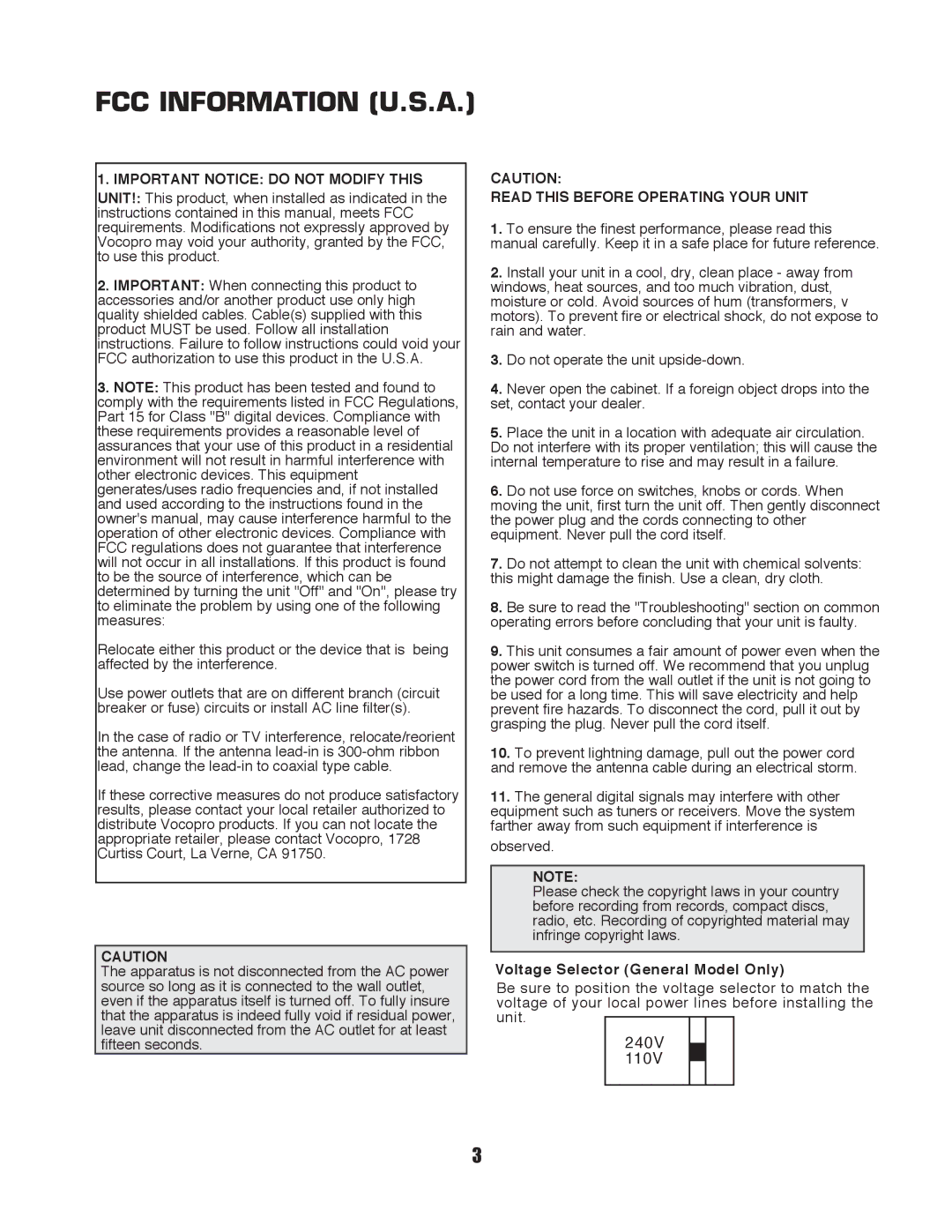 VocoPro DVG-399K owner manual FCC Information U.S.A 